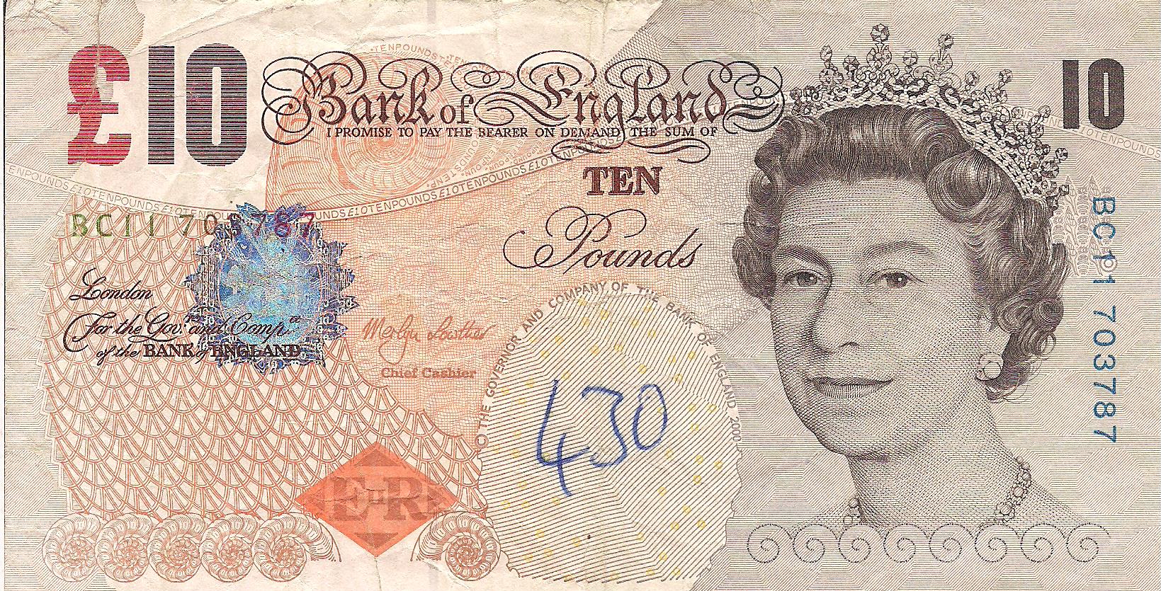 England 10 Pound VG (See large scan) pick #: 389b