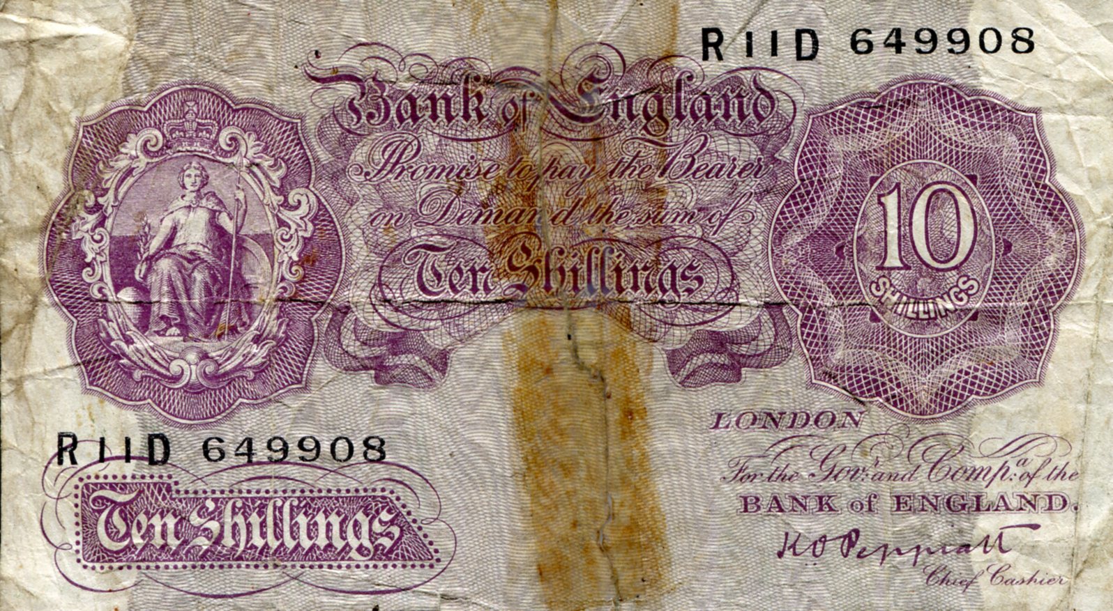 England 10 Shillings G  (tape residue) pick #: 362c
