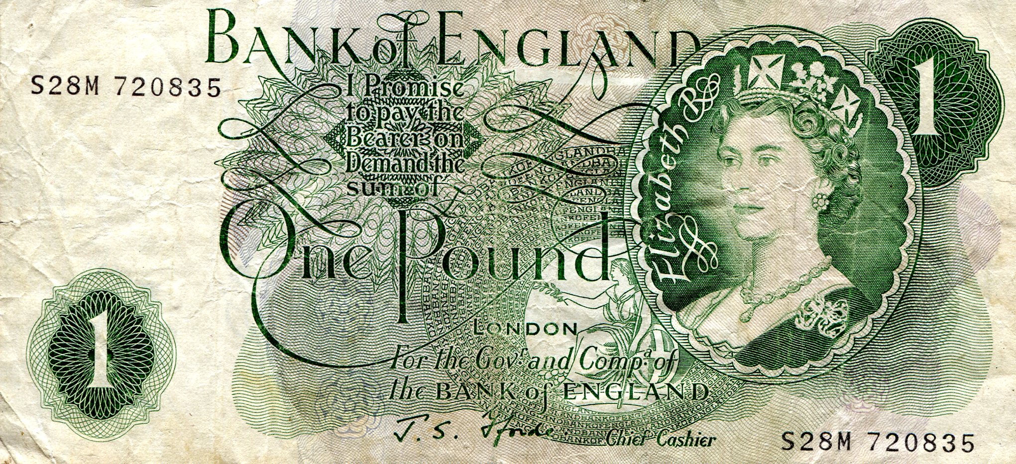 England 1 Pound VG (written on /tear) pick #: 374e