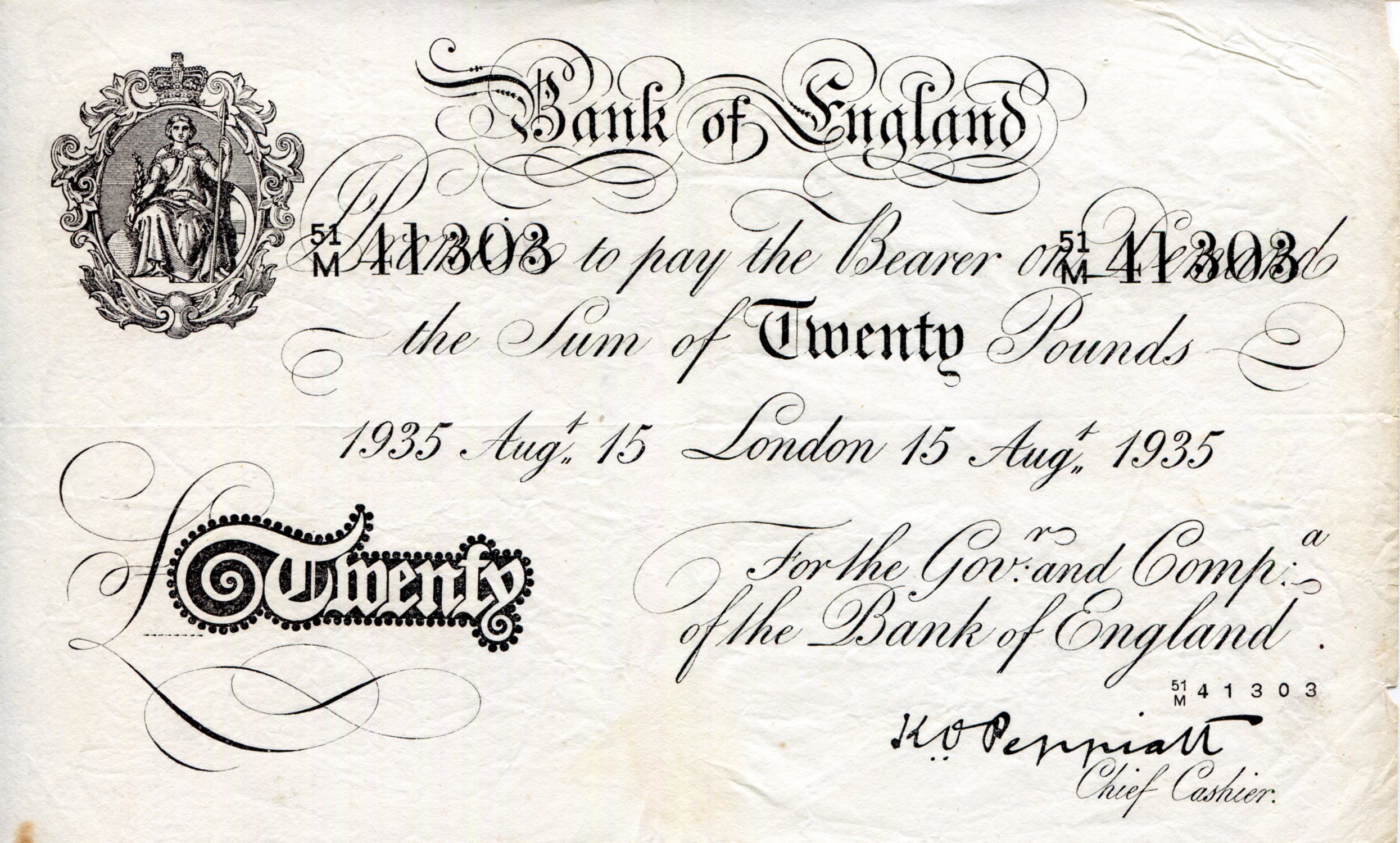 England 20 Pound F (see scan) Very Thin Paper pick #: 337a