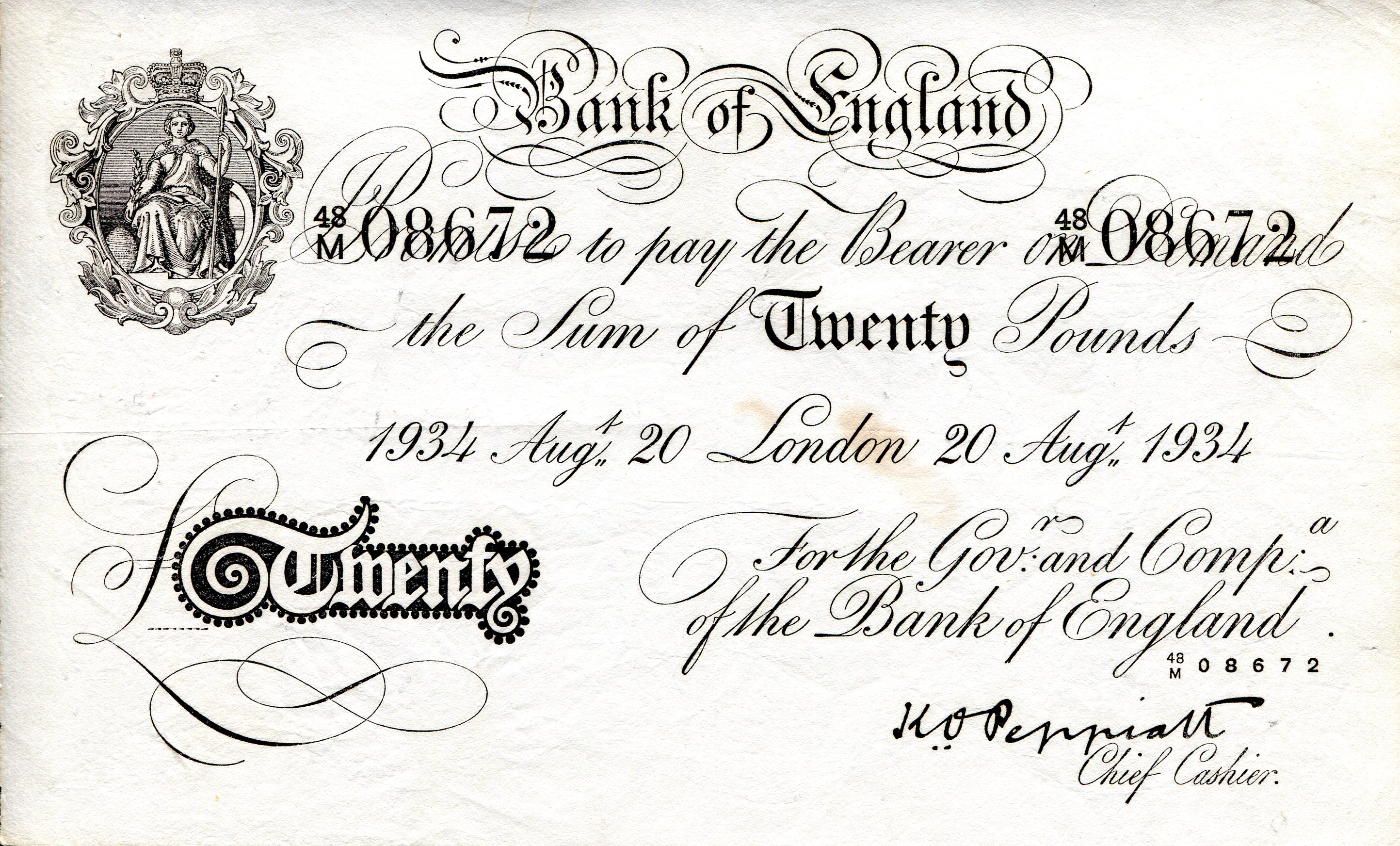 England 20 Pound F (see scan) Very Thin Paper pick #: 337a
