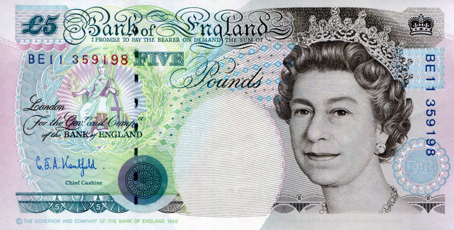 England 5 Pounds aUNC/XF (see large scan) pick #: 382Aa