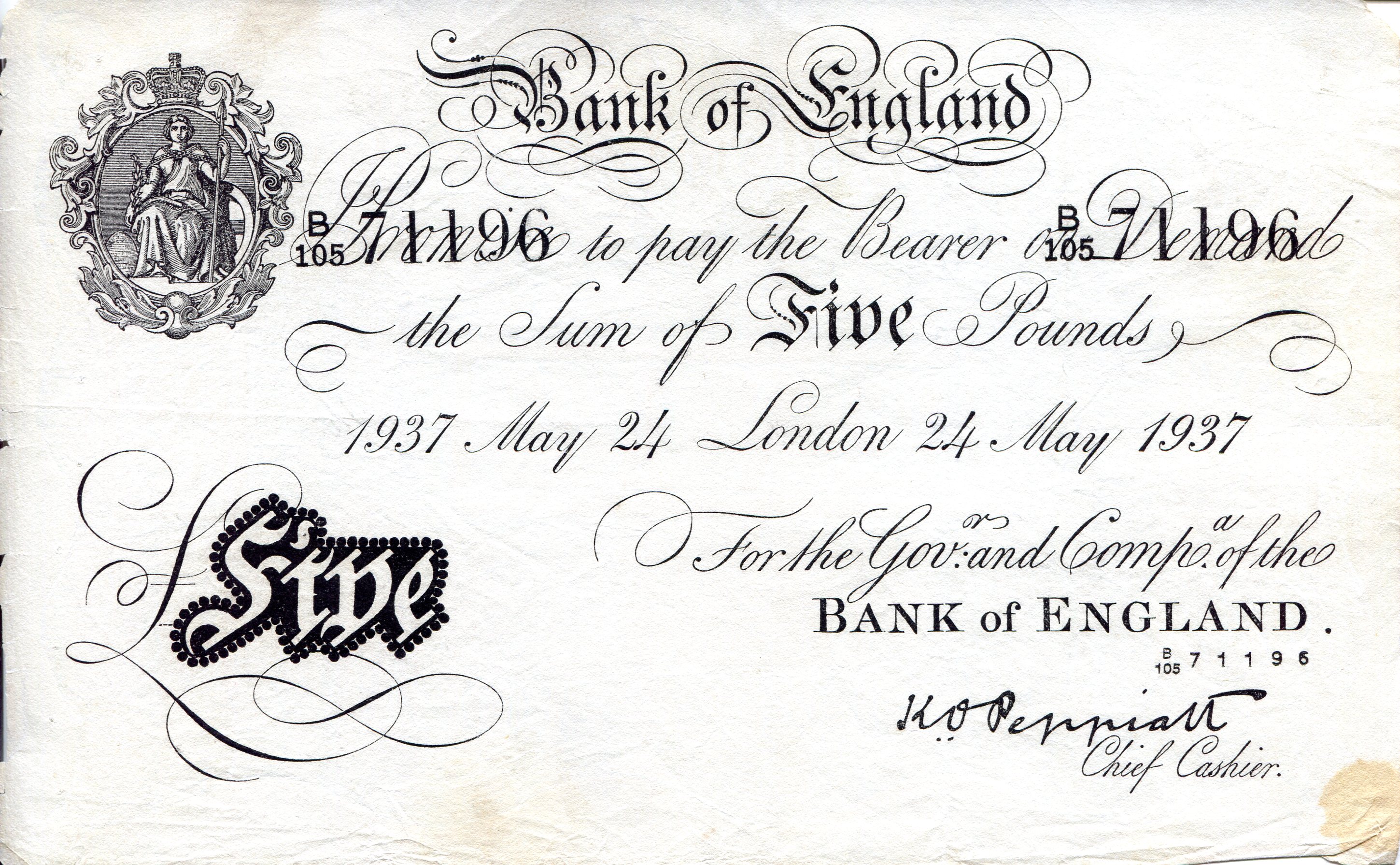 England 5 Pound F (see scan) Very Thin Paper pick #: 335a