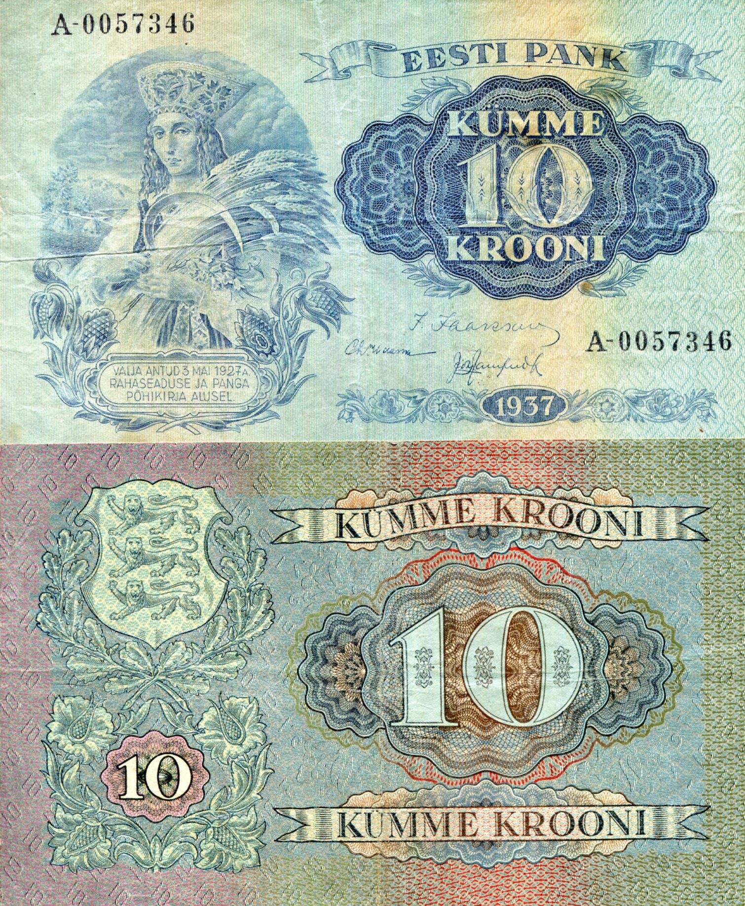 Estonia  10 Krooni VF/F (see large scan) pick #: 67b