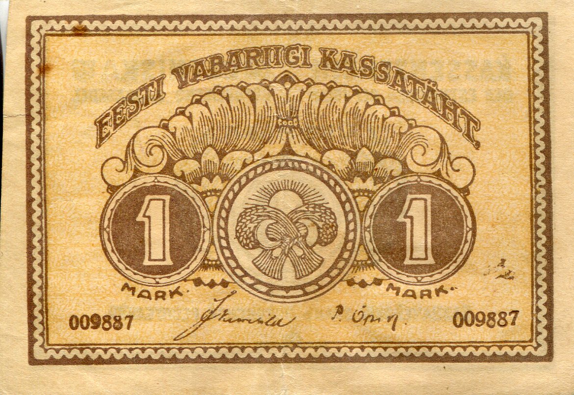 Estonia  1 Mark VF (Note badly cut - off center) pick #: 43a