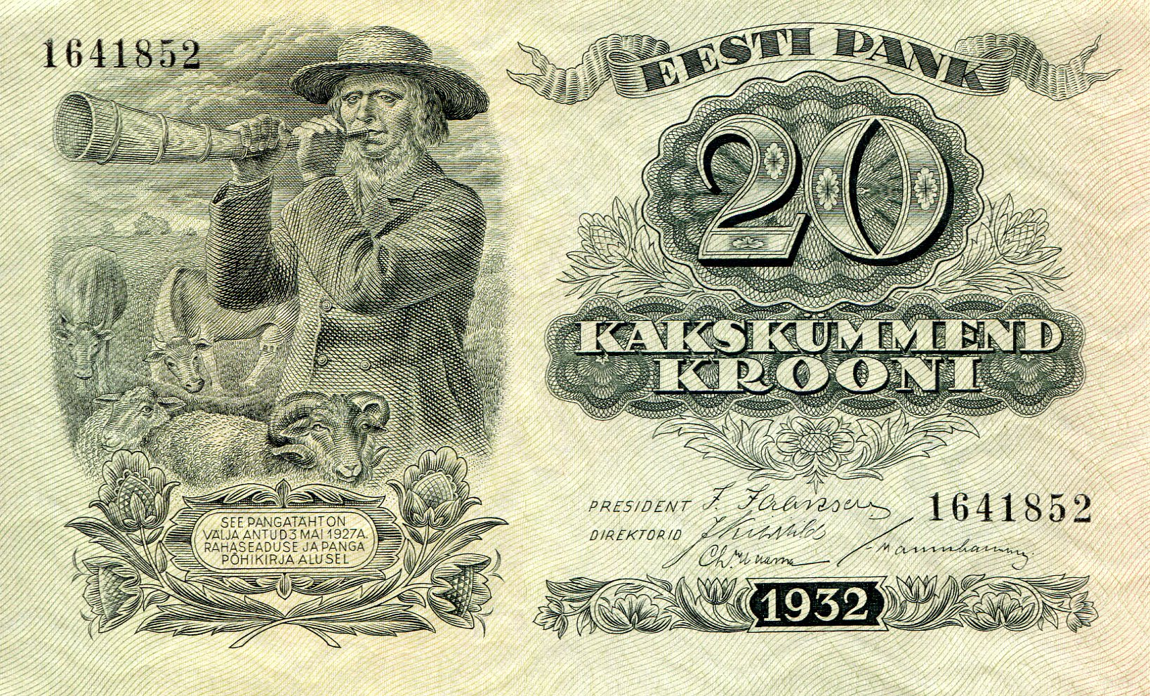 Estonia  20 Krooni XF/VF (see large scan) pick #: 64a