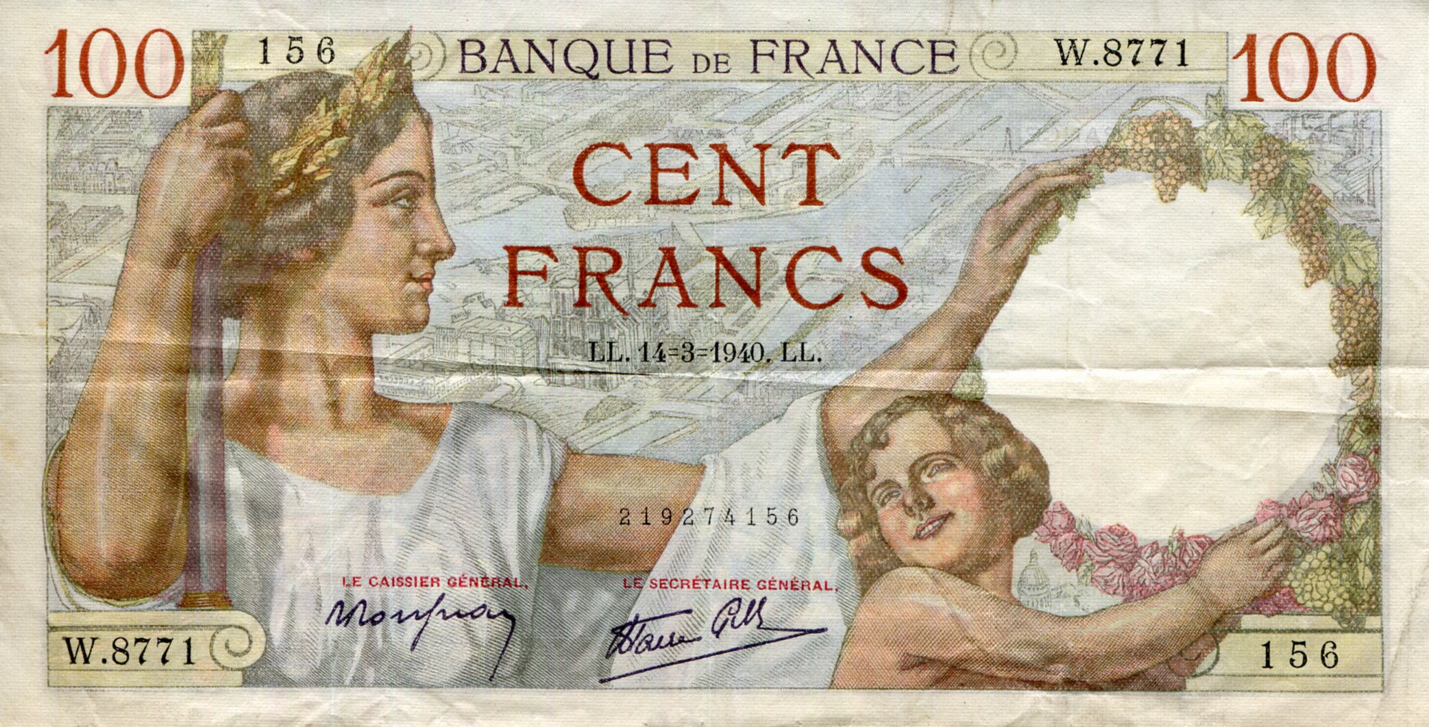 France 100 Francs VF (See large scan) pick #: 94