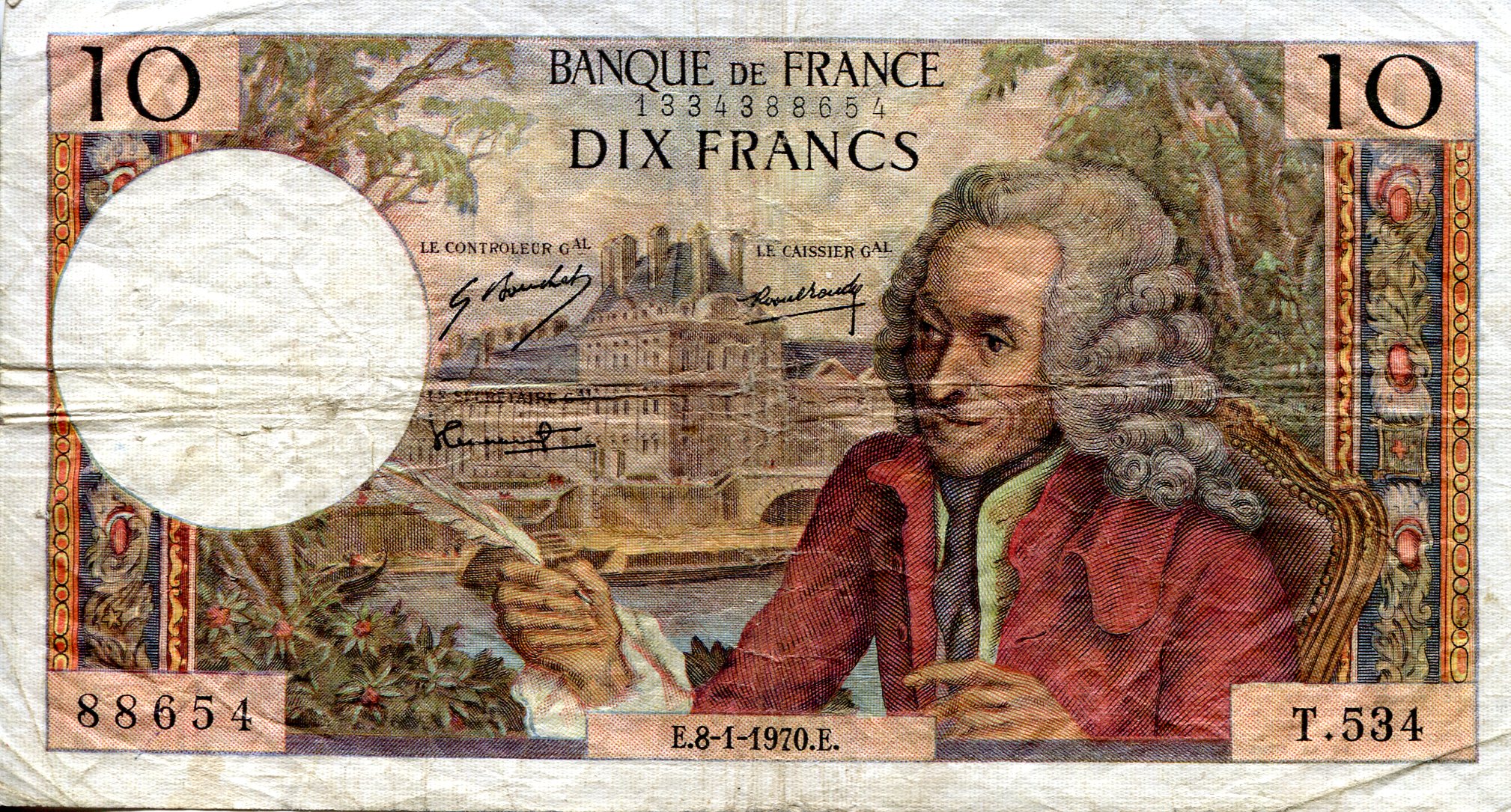 France 10 Francs F/VG (See large scan - Pinholes) pick #: 147c