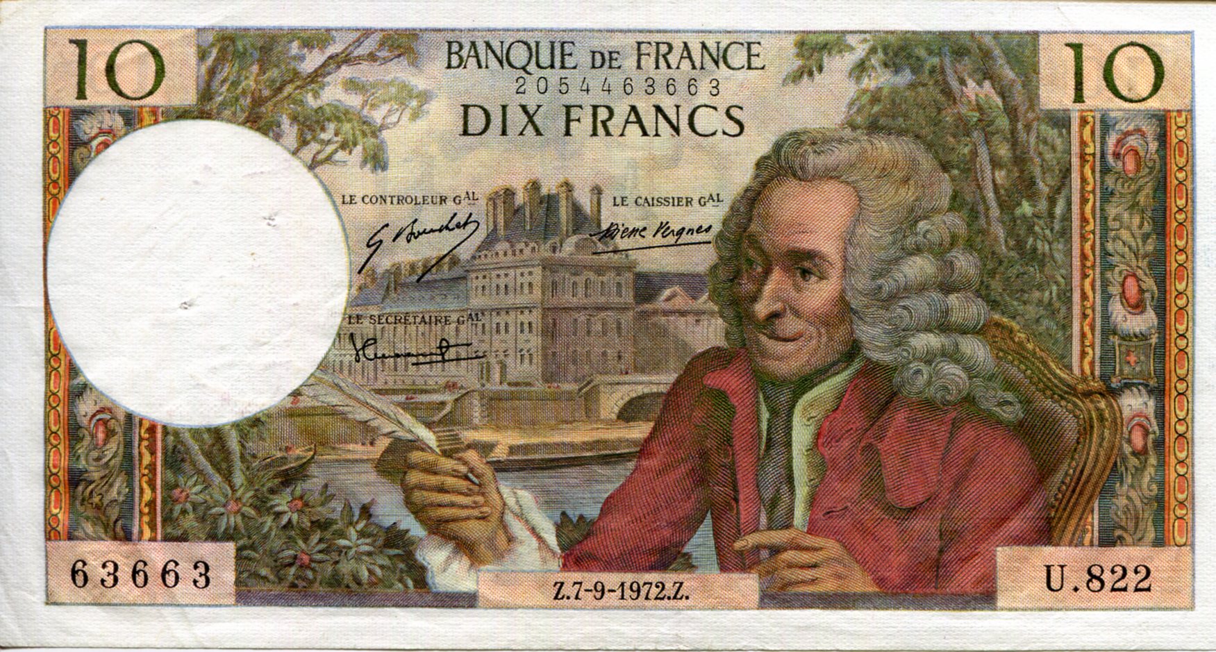 France 10 Francs VF+ (See large scan - Pinholes) pick #: 147d