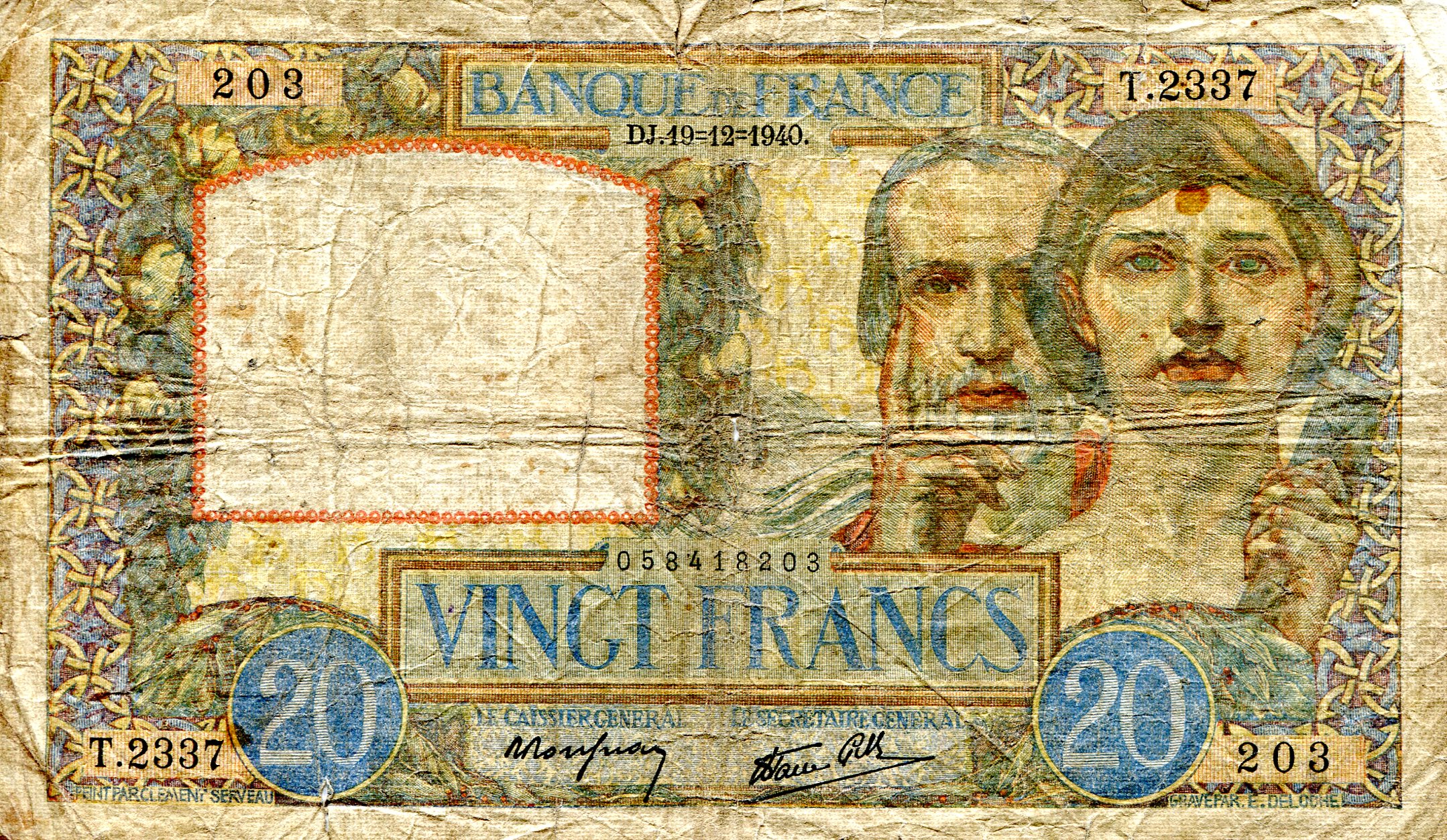 France 20 Francs VG/G (tears, holes pick #: 92b