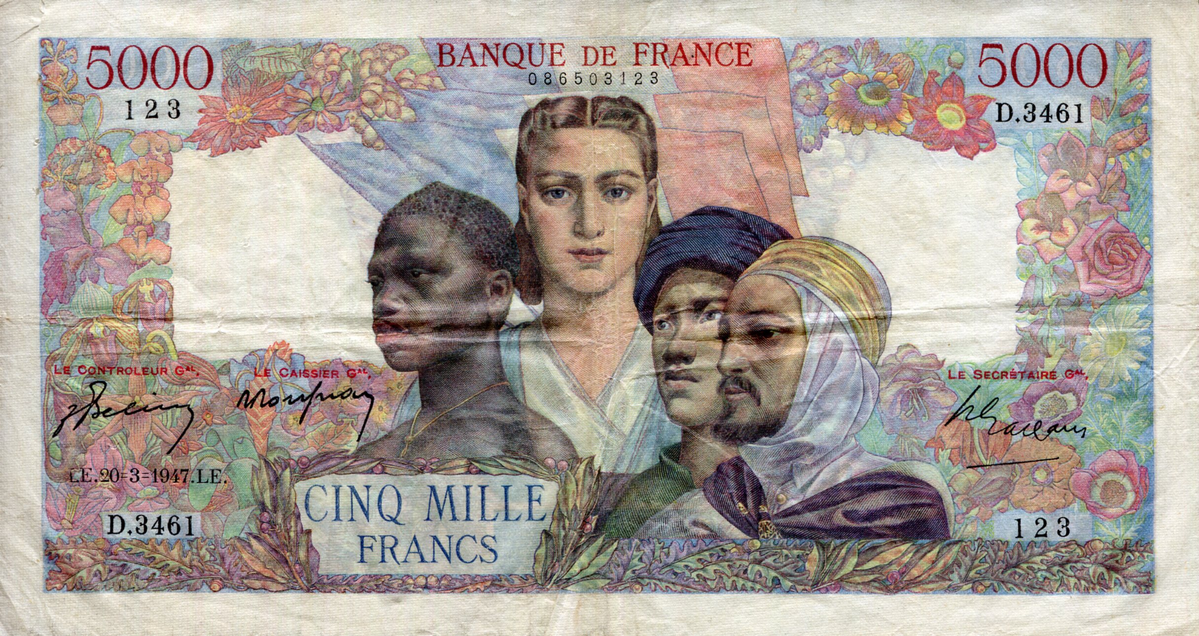 France 5,000 Francs F (see large scan) Pinholes - Very thin paper pick #: 103e