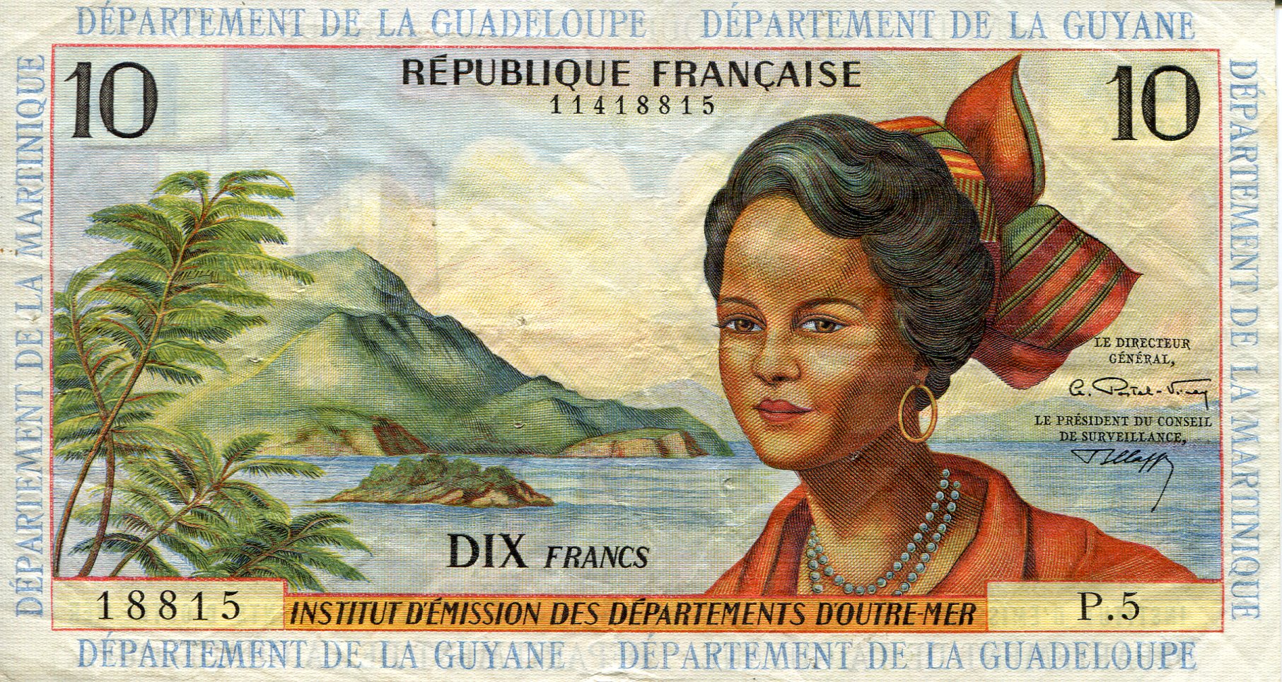 French Antilles 10 Francs VF+ (see large scan) pick #: 8b