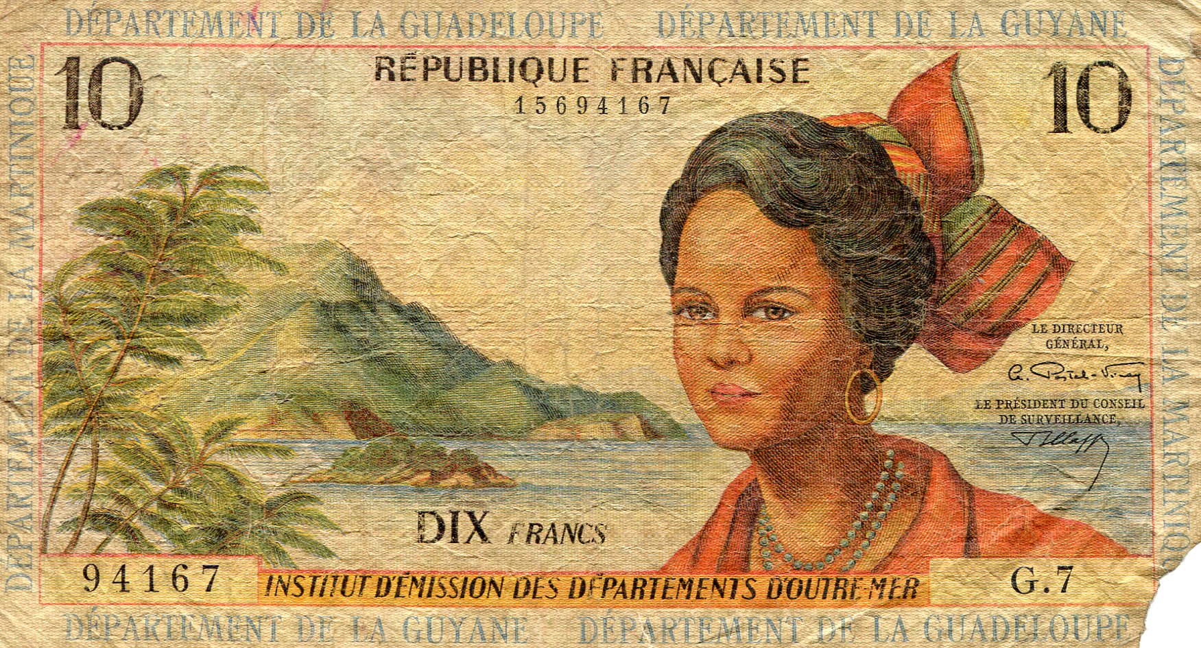 French Antilles 10 Francs G (see large scan) Corner missing pick #: 8b