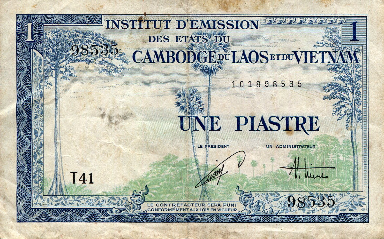 French Indochina 1 Piastre VF/F (see large scan) pick #: 105a