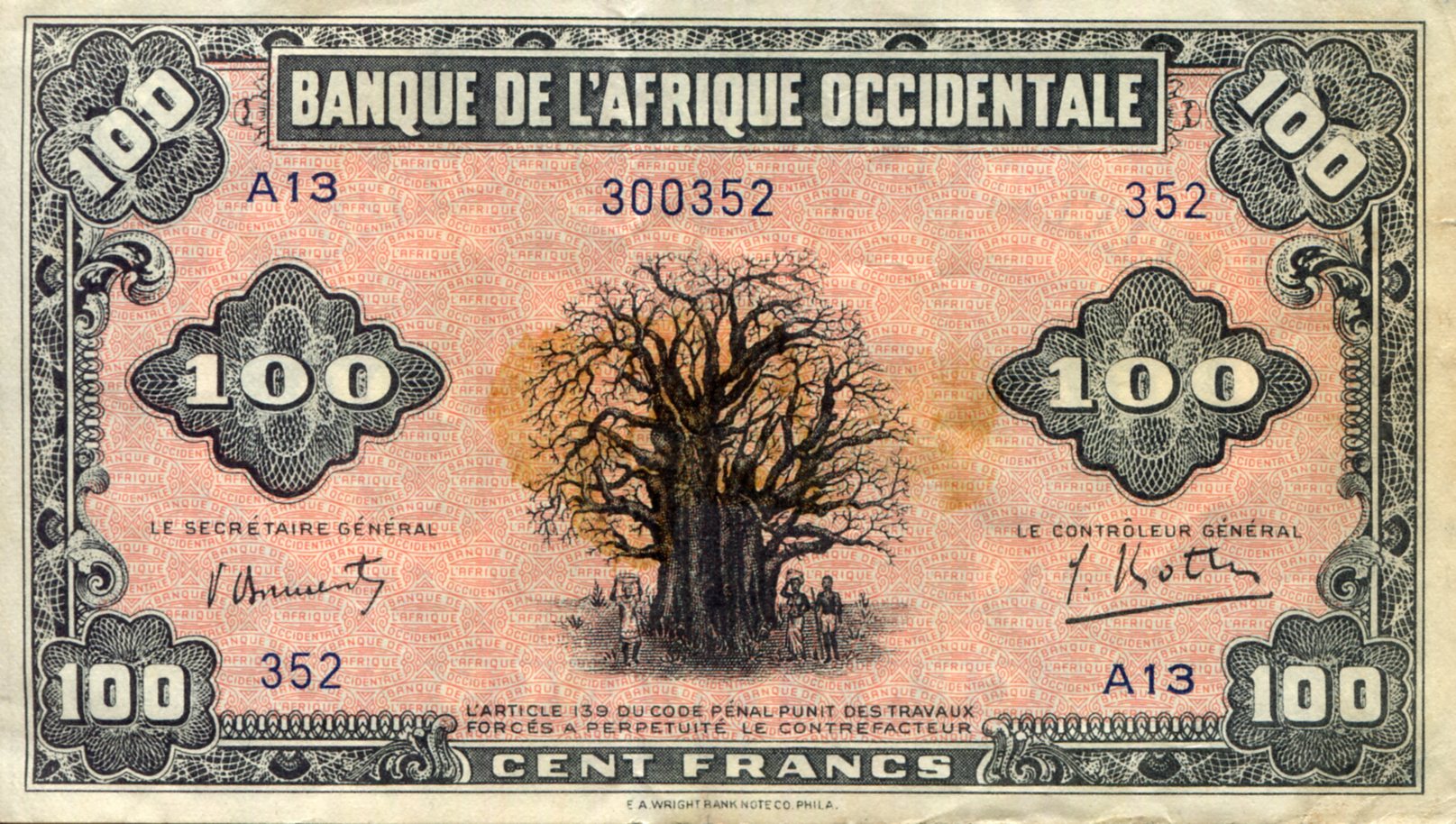 French West Africa  100 Francs F (see large scan) pick #: 31a
