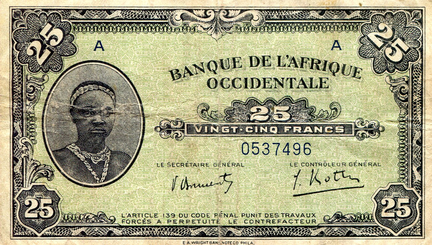 French West Africa  25 Francs VF/F (see large scan) pick #: 30b