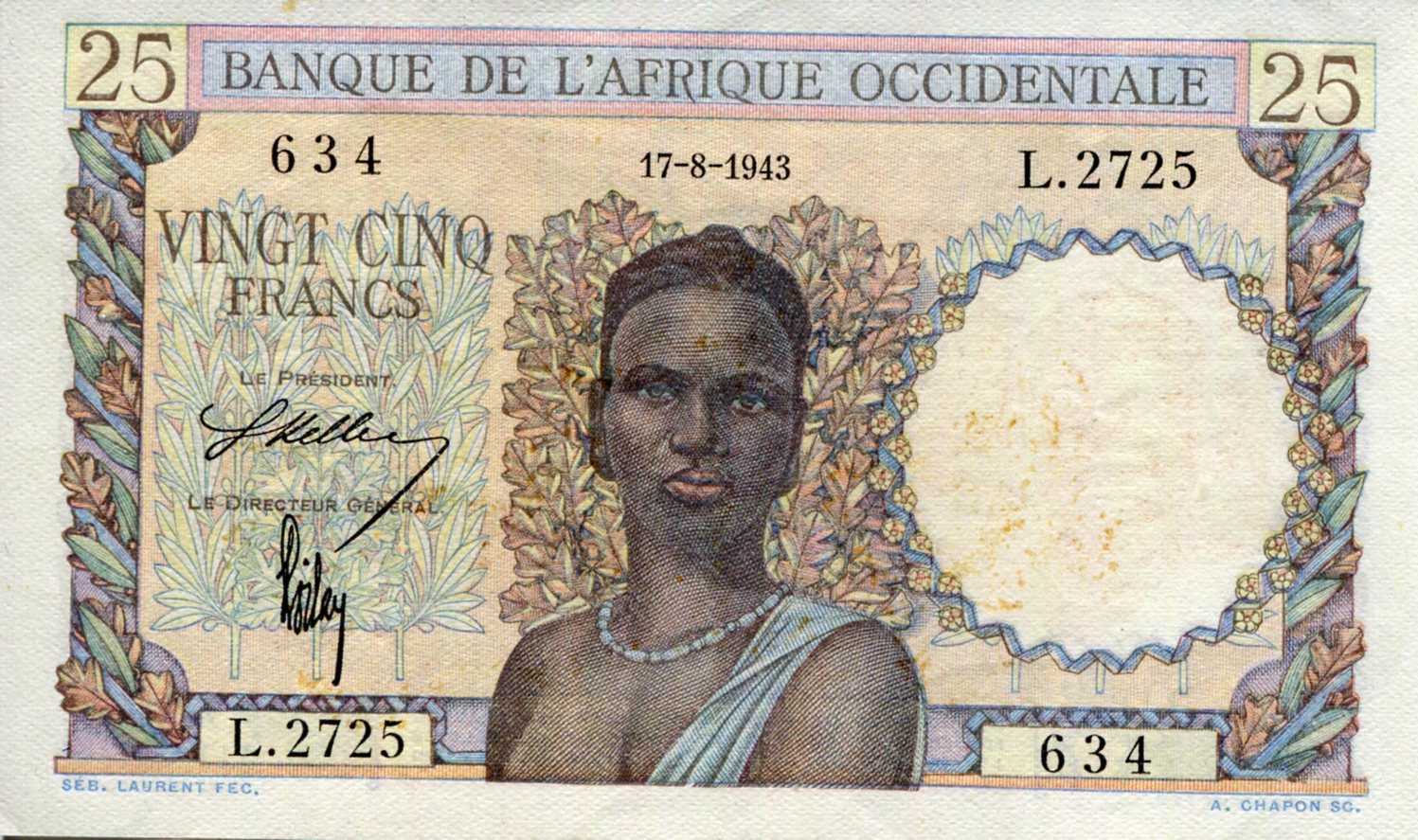 French West Africa  25 Francs XF (see large scan) pick #: 38a
