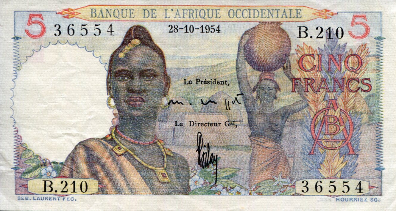 French West Africa  5 Francs aUNC (Printed on thin paper) pick #: 36n