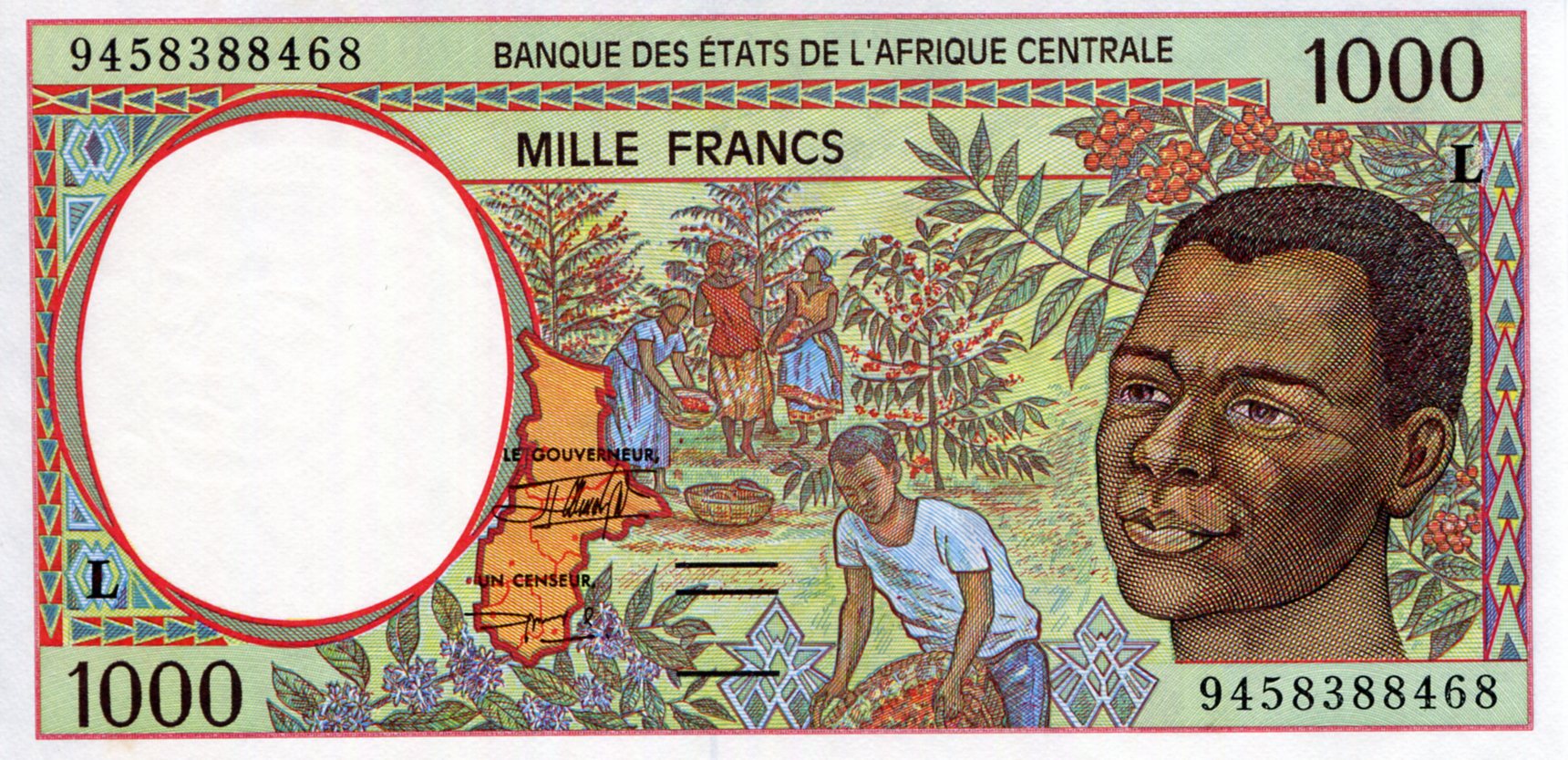 Gabon 1,000 Francs aUNC (printed on thinner paper) Minor Foxing pick #: 402Lb