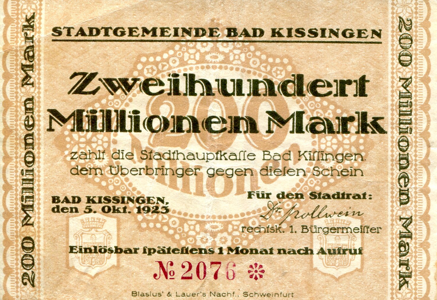 Germany - Notgeld 200 Million Marks VF/F (see large scan) pick #: NP
