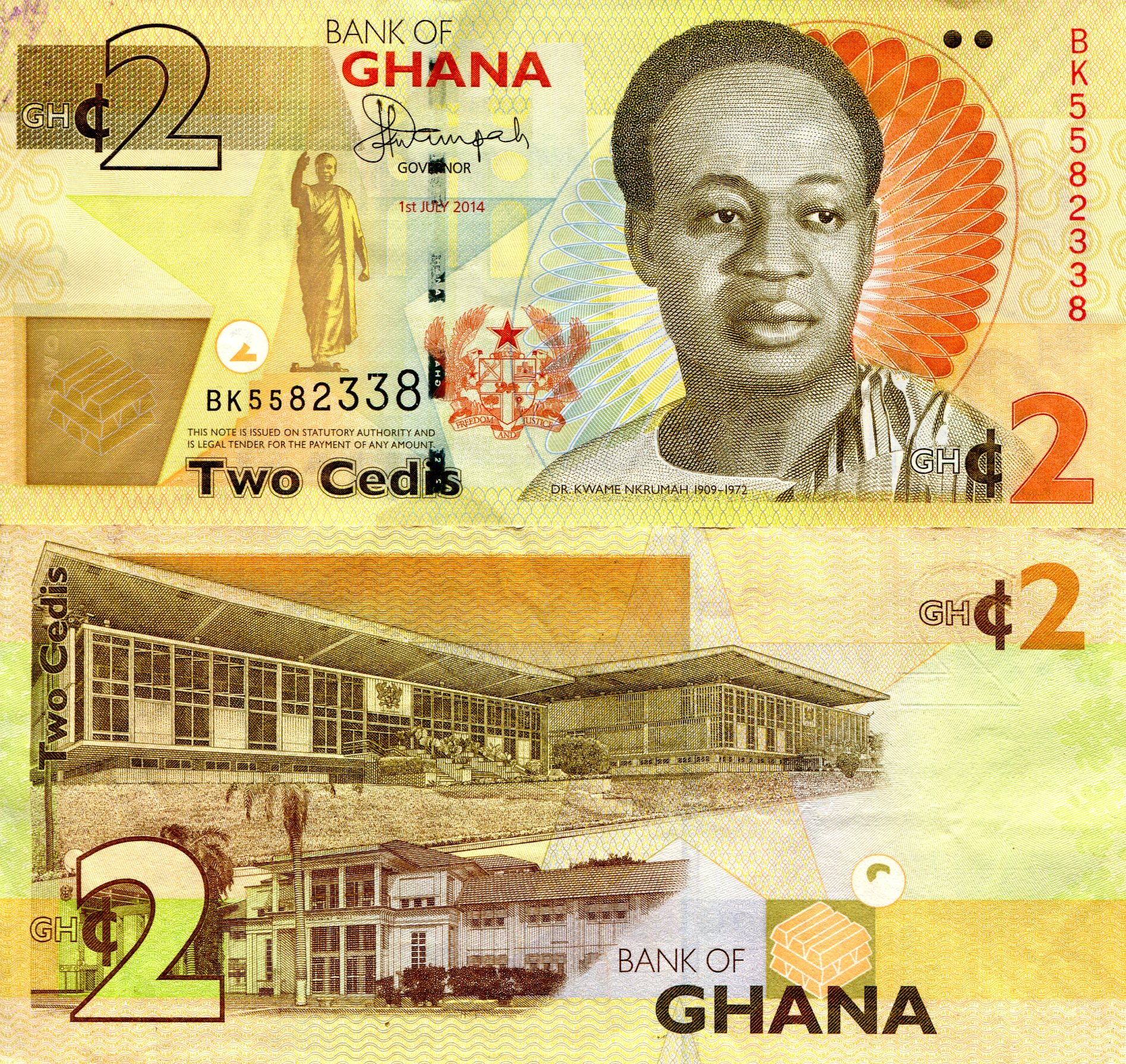 Ghana 2 Cedis VF (see large scan) pick #: 37Ac