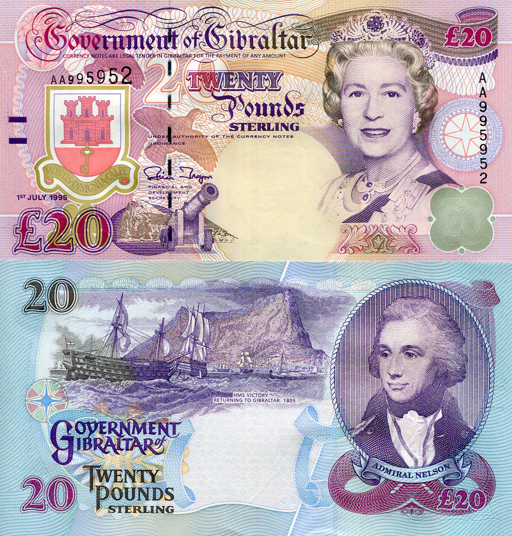 Gibraltar 20 Pounds UNC pick #: 27a