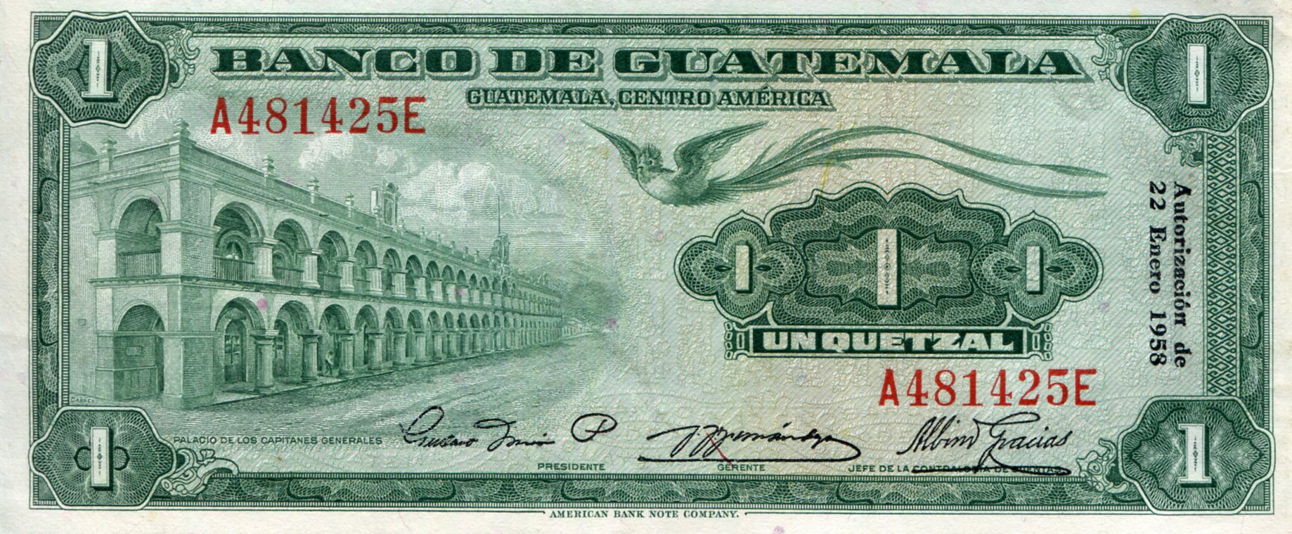 Guatemala  1 Quetzal VF/F (See large scan) pick #: 36c