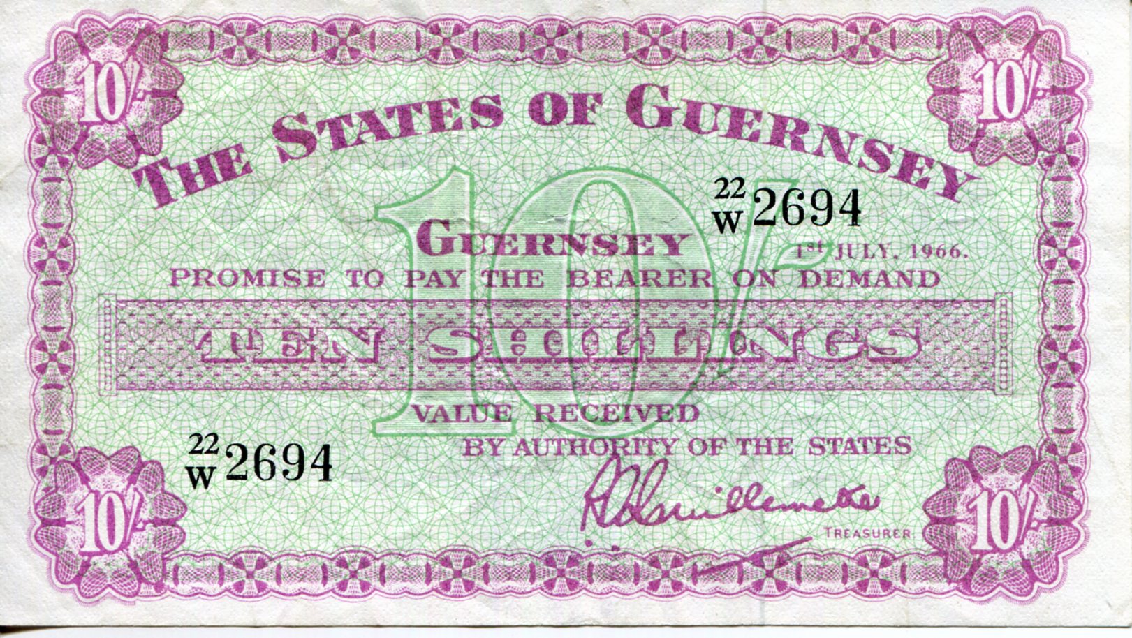 Guernsey 10 Shillings VF+ (see large scan) pick #: 42q