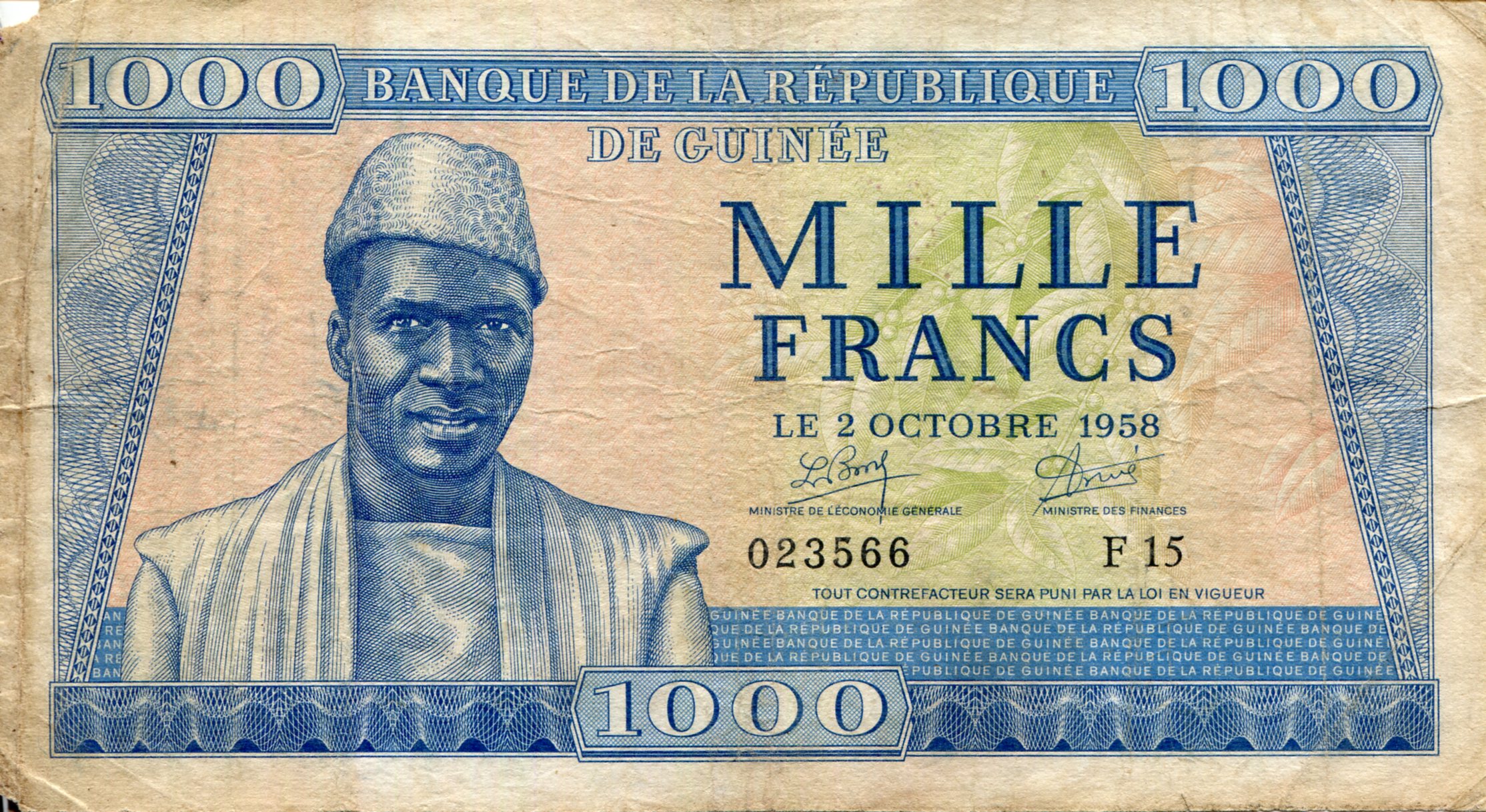 Guinea 1,000 Francs VG (see large scan) pick #: 9a