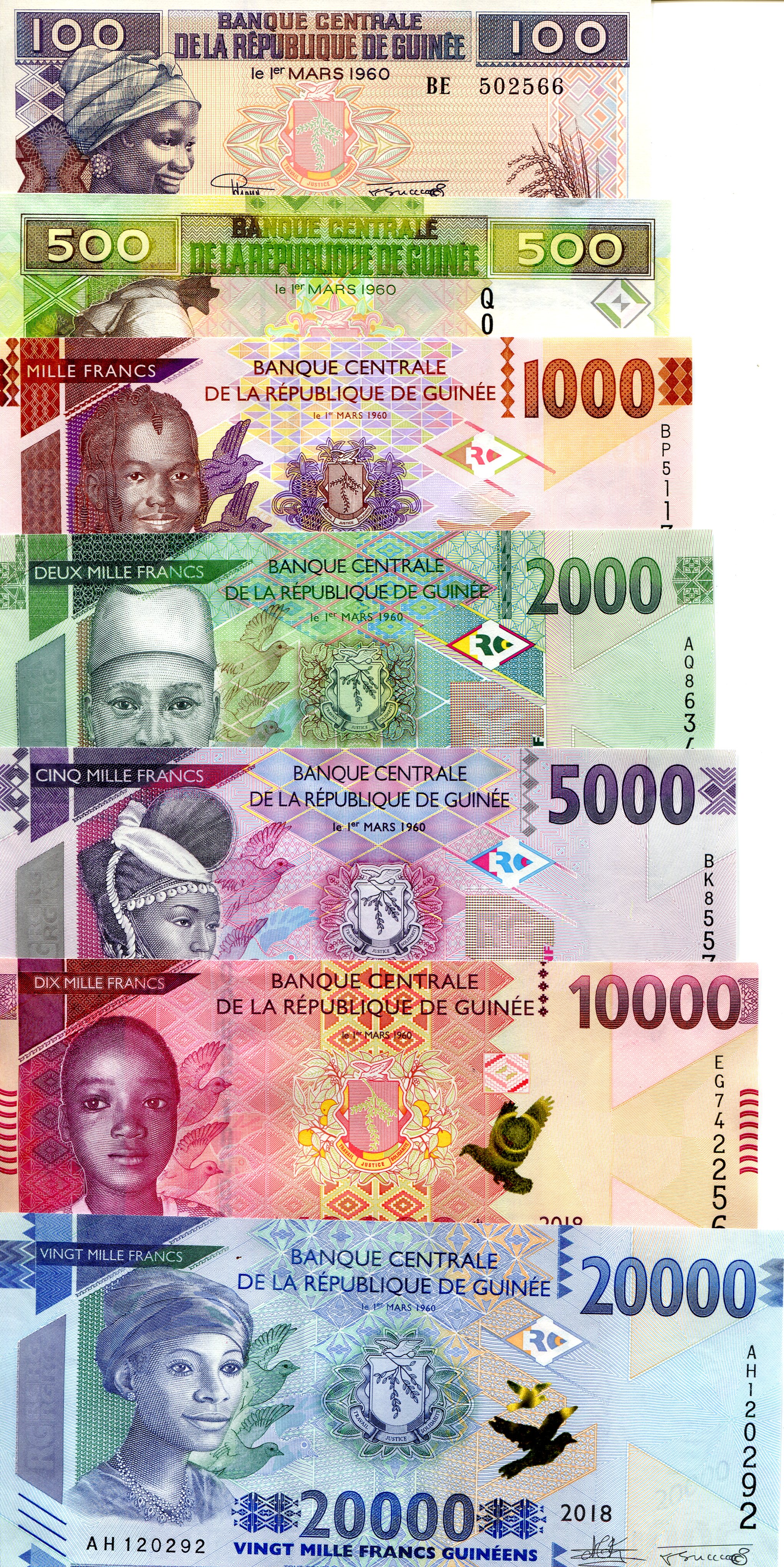 Guinea 100-20,000 Francs UNC pick #: Varies