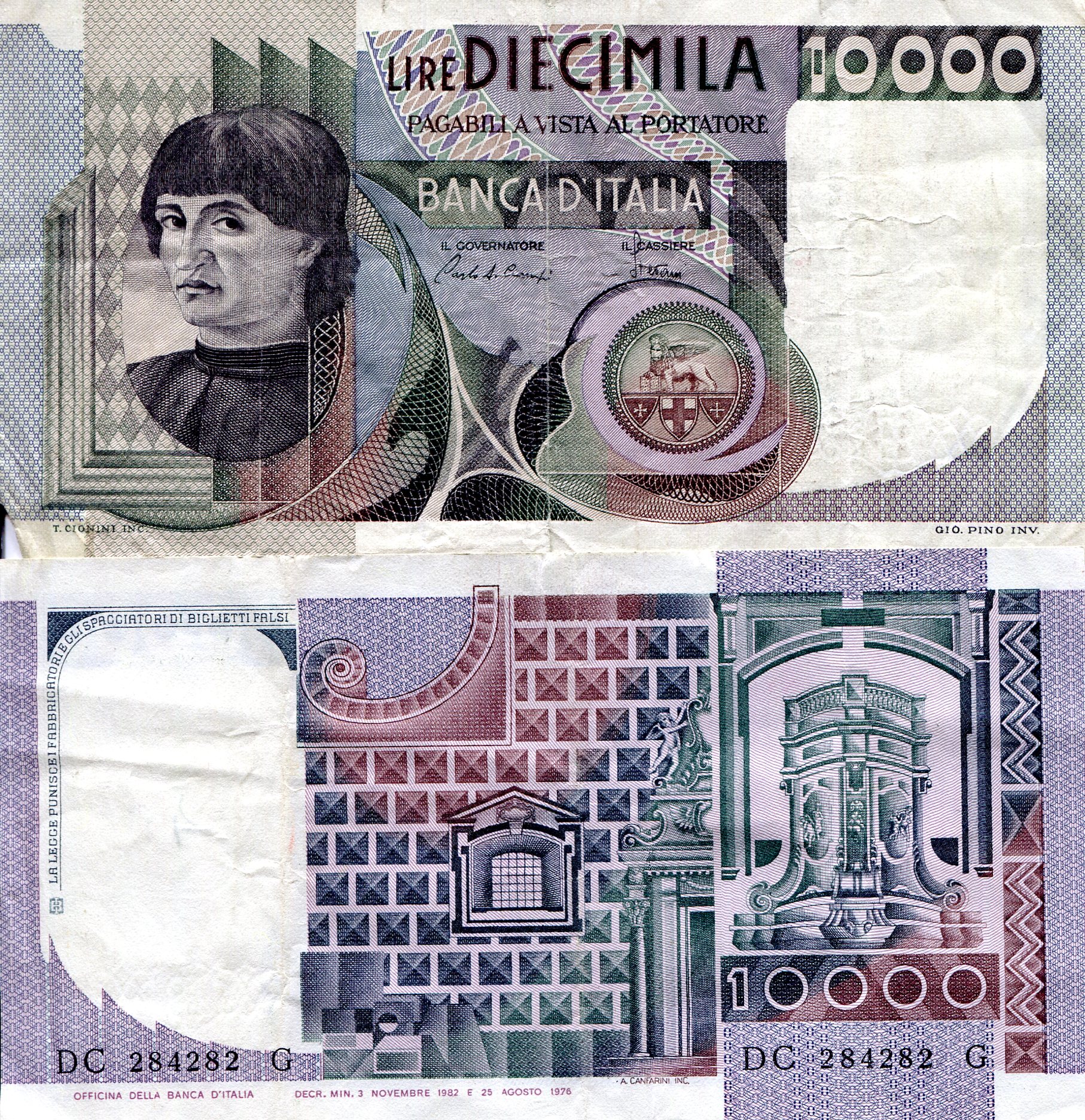 Italy  10,000 Lire VG (missing corner) pick #: 106d