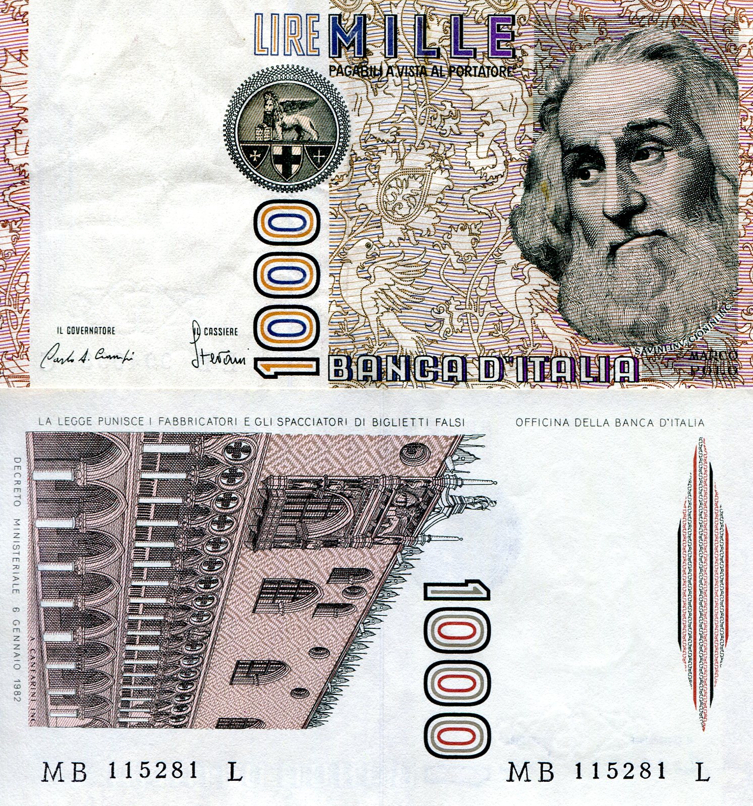 Italy  1000 Lire VF (see large scan) pick #: 109a