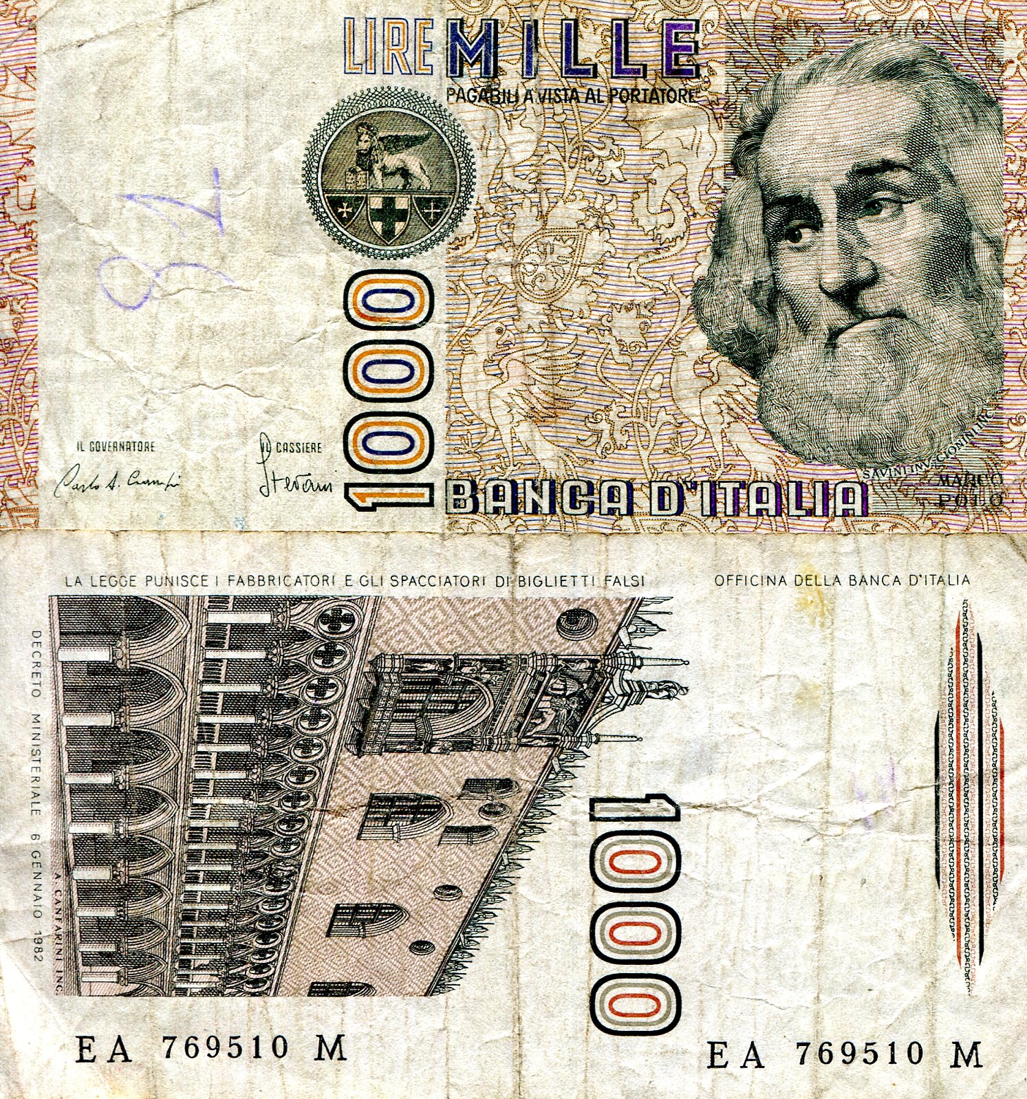 Italy  1000 Lire VG (see large scan) pick #: 109a