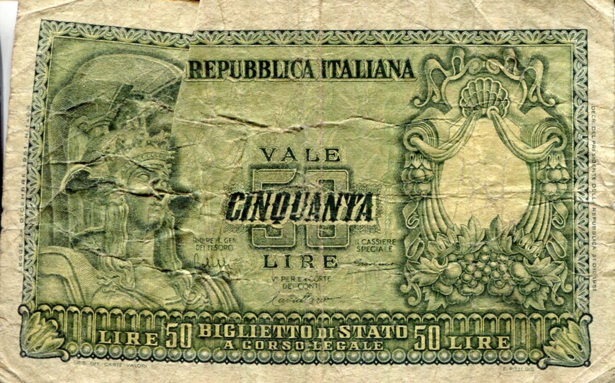Italy  50 Lira VG (See large scan) Note crimped over pick #: 91a