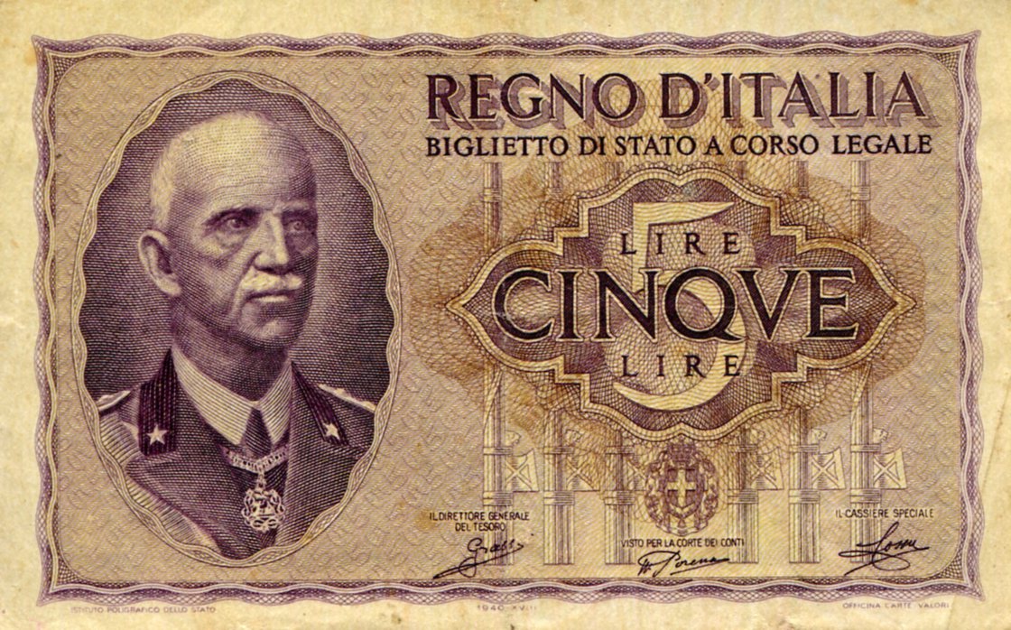 Italy  5 Lira VF (See large scan) pick #: 28a