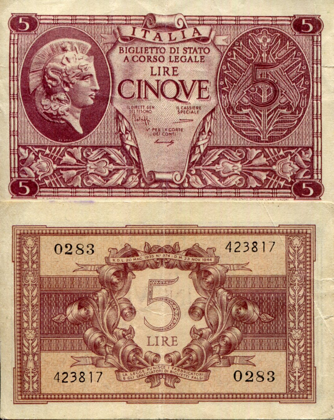 Italy  5 Lire VG (See large scan) pick #: 31b