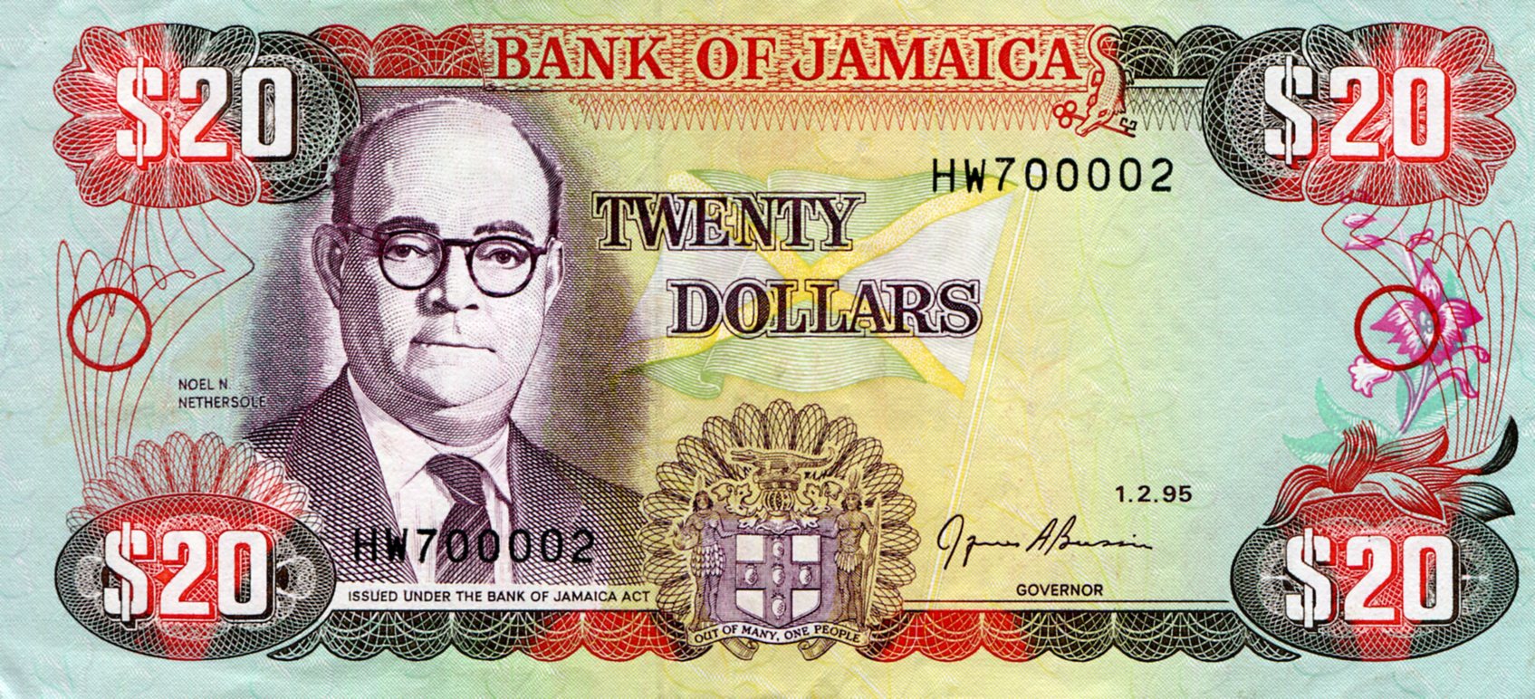 Jamaica 20 Dollar XF (see large scan) pick #: 72g