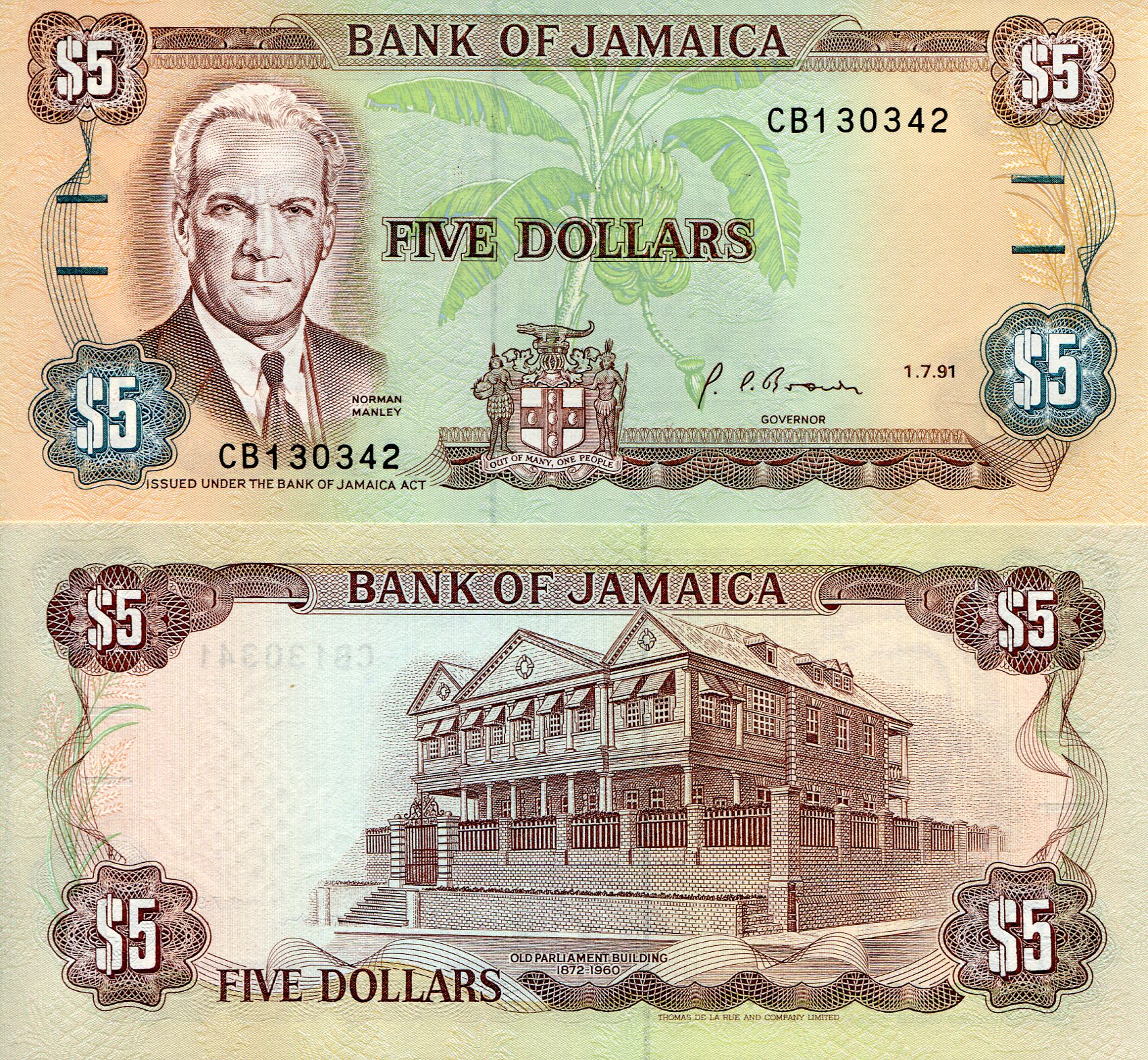 Jamaica 5 Dollars UNC  pick #: 70d