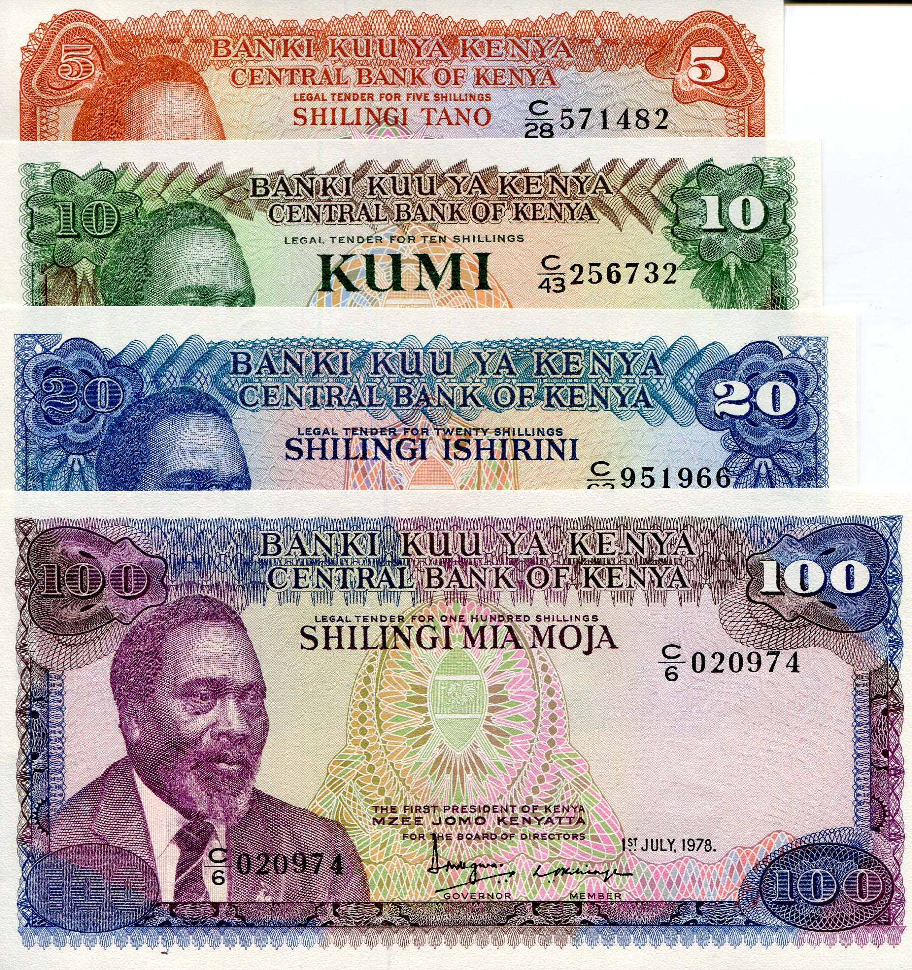 Kenya 5 - 100 Shillings UNC pick #: 15 - 18