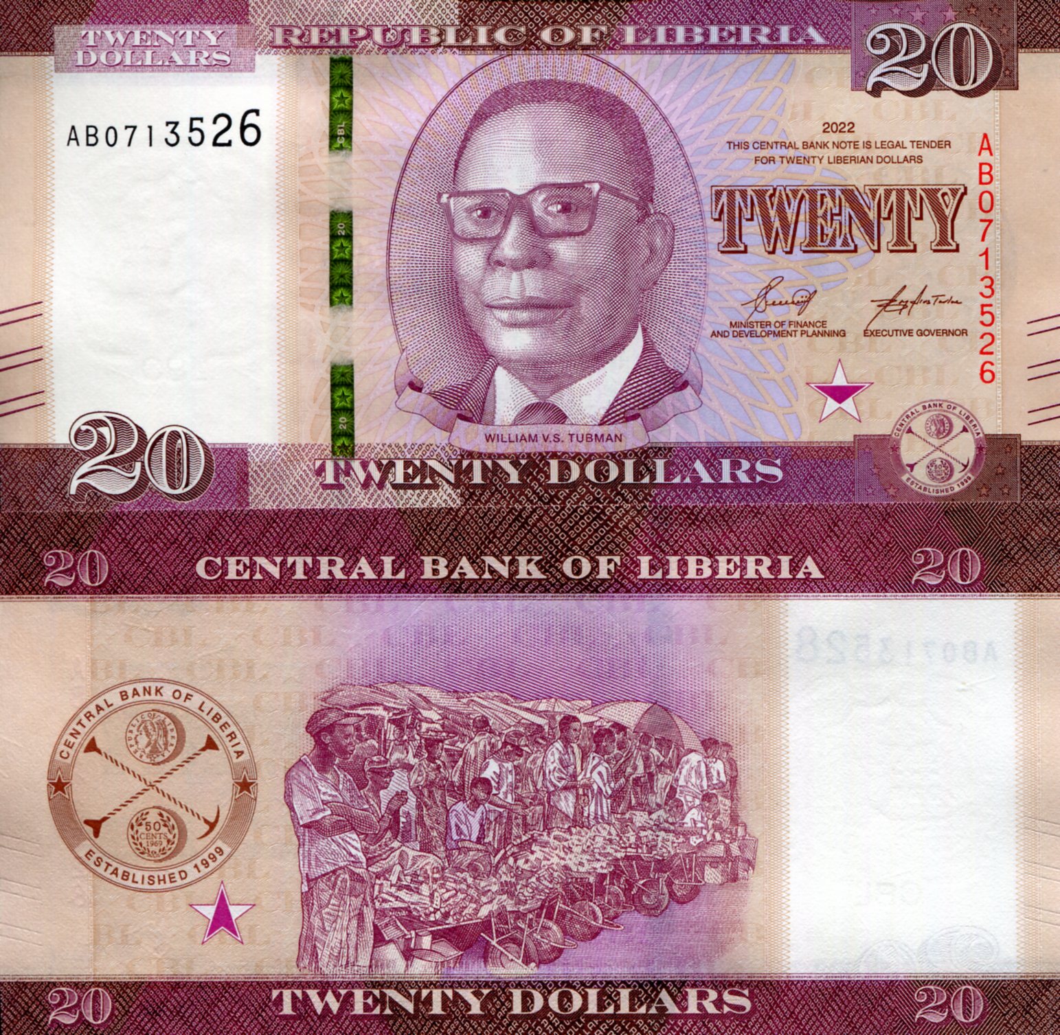 Liberia 20 Dollars UNC pick #: New