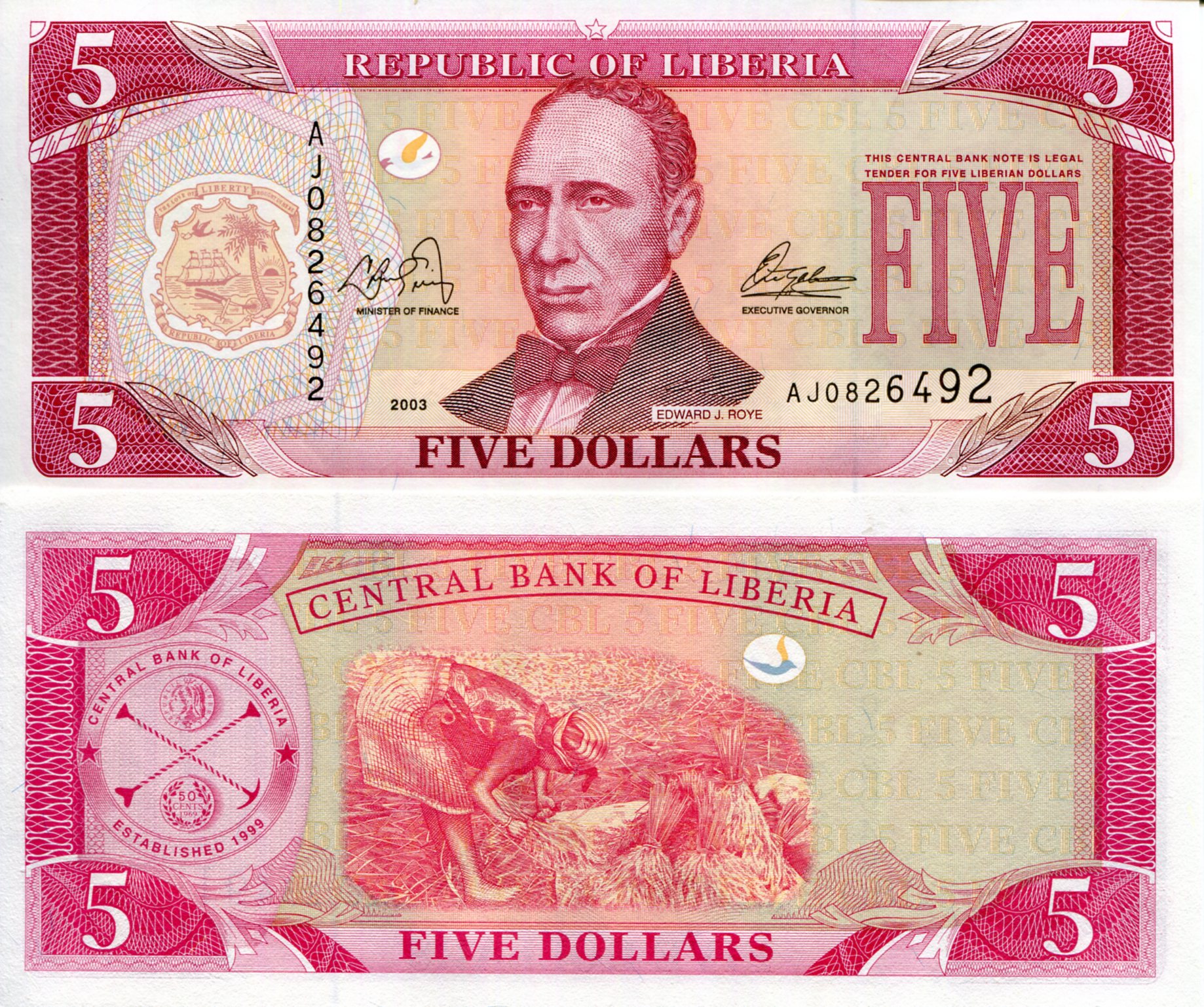 Liberia 5 Dollars UNC pick #: 26a