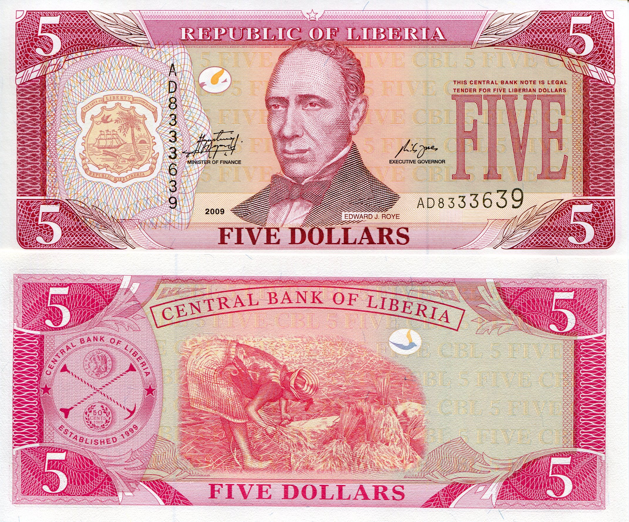 Liberia 5 Dollars aUNC (small noticeable corner issue) pick #: 26e
