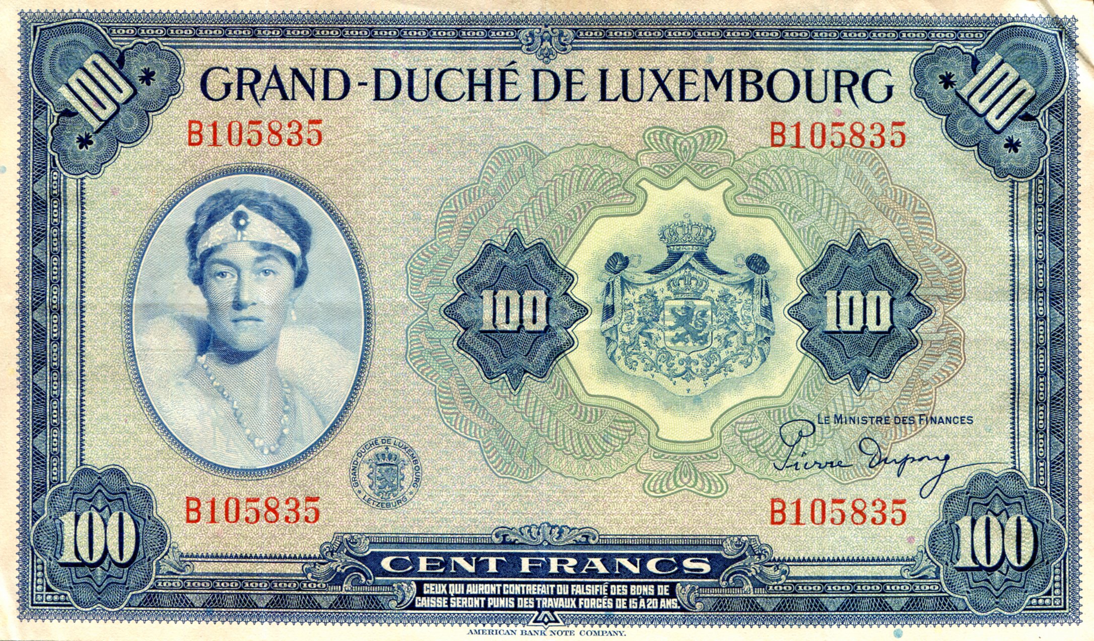 Luxembourg 100 Francs F (See large scan) pick #: 47a