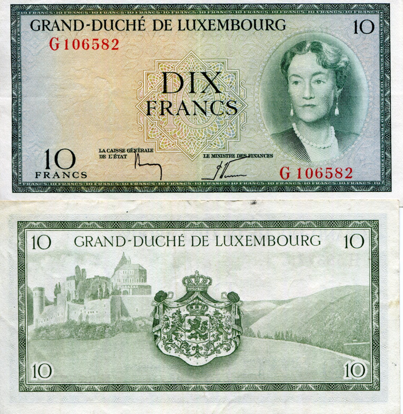 Luxembourg 10 Francs XF/VF+ (see large scan) pick #: 48c