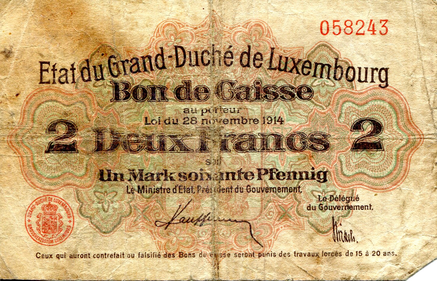 Luxembourg 2 Francs VG (see large scan) pick #: 22