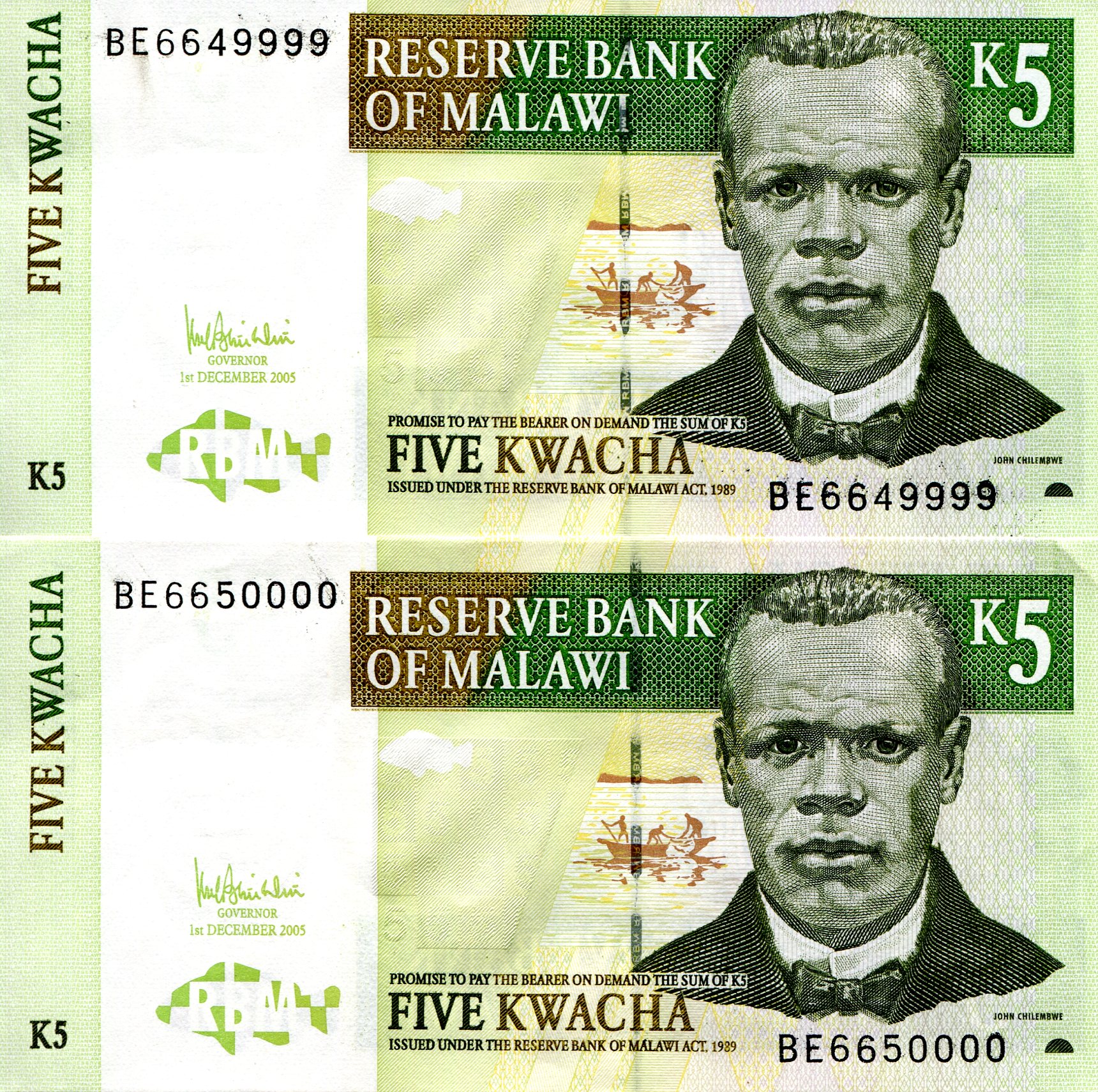 Malawi 5 Kwacha aUNC (minor top edge issue) pick #: 36c