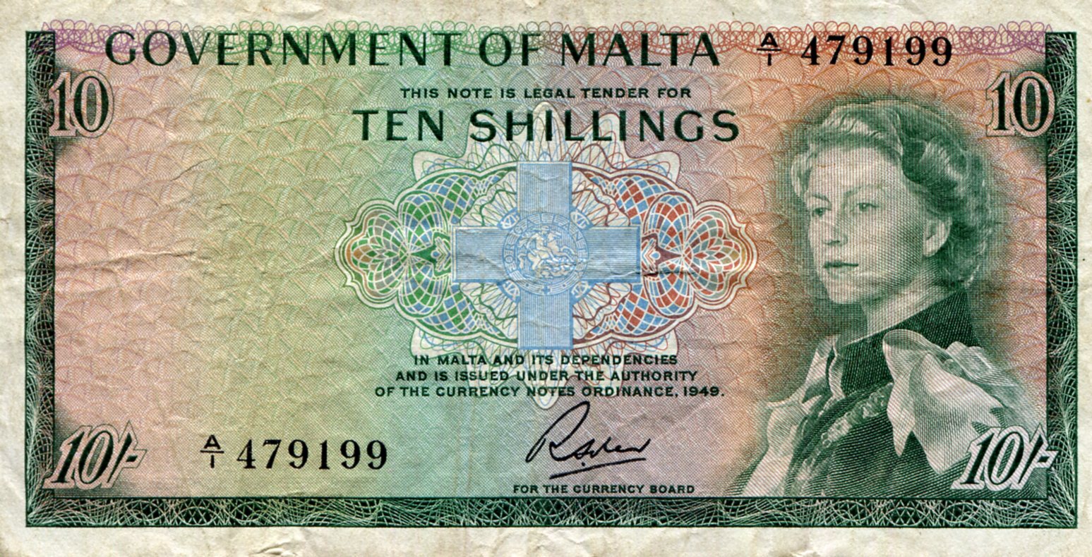 Malta 10 Shillings F/VG (see large scan) pick #: 25a