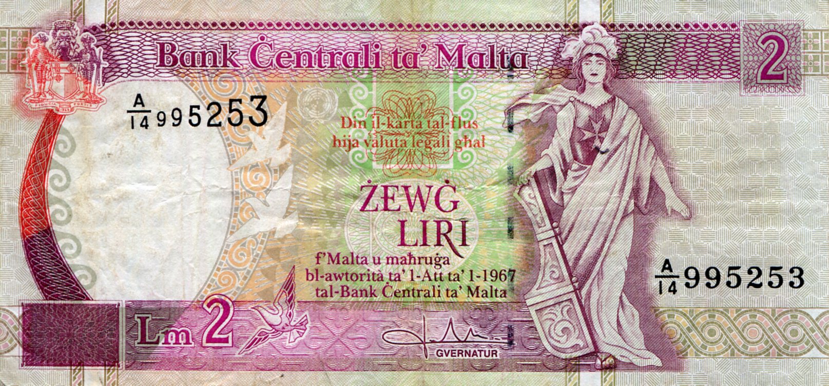 Malta 2 Liri F (See large scan) pick #: 45b