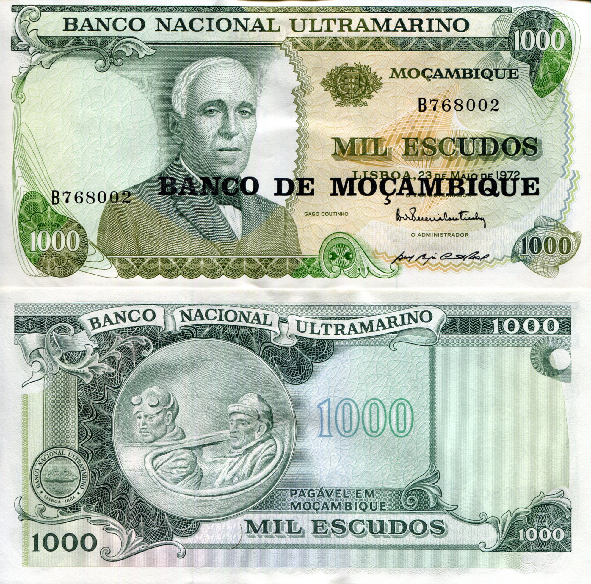 Mozambique 1,000 Escudos XF/VF+ (note is wrinkly)  pick #: 119a