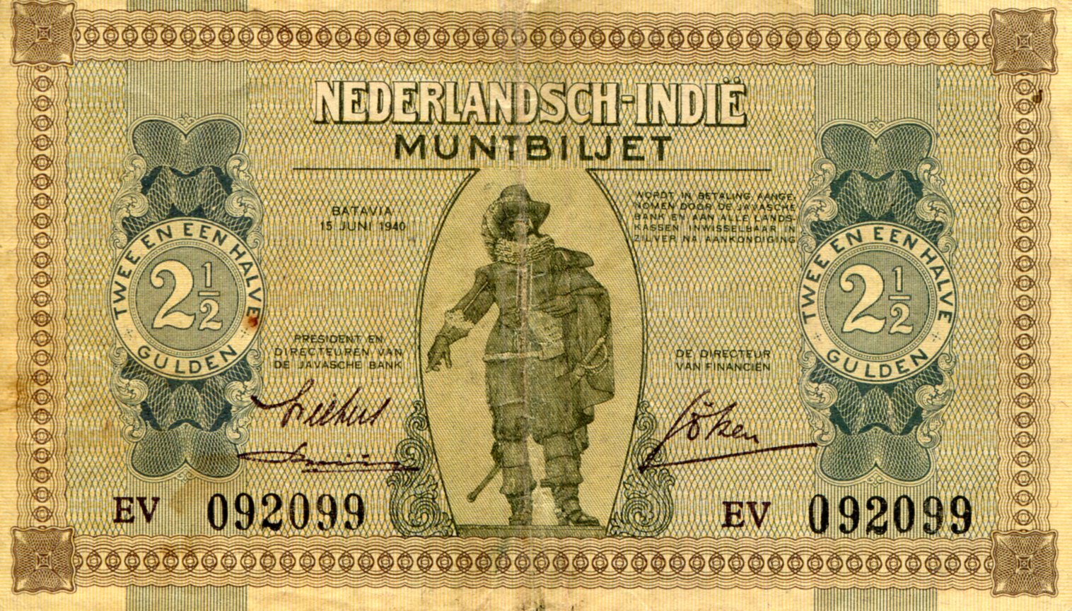 Netherlands Indies 2 1/2 Gulden VG (see large scan) pick #: 109a